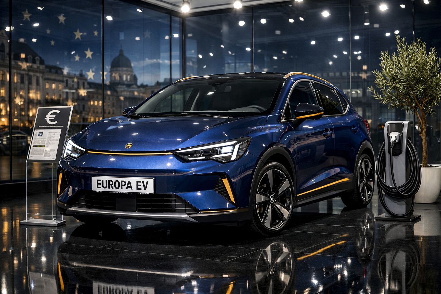 Carro elétrico azul Europa EV exposto em showroom com carregador e sinalização de preço ao lado.