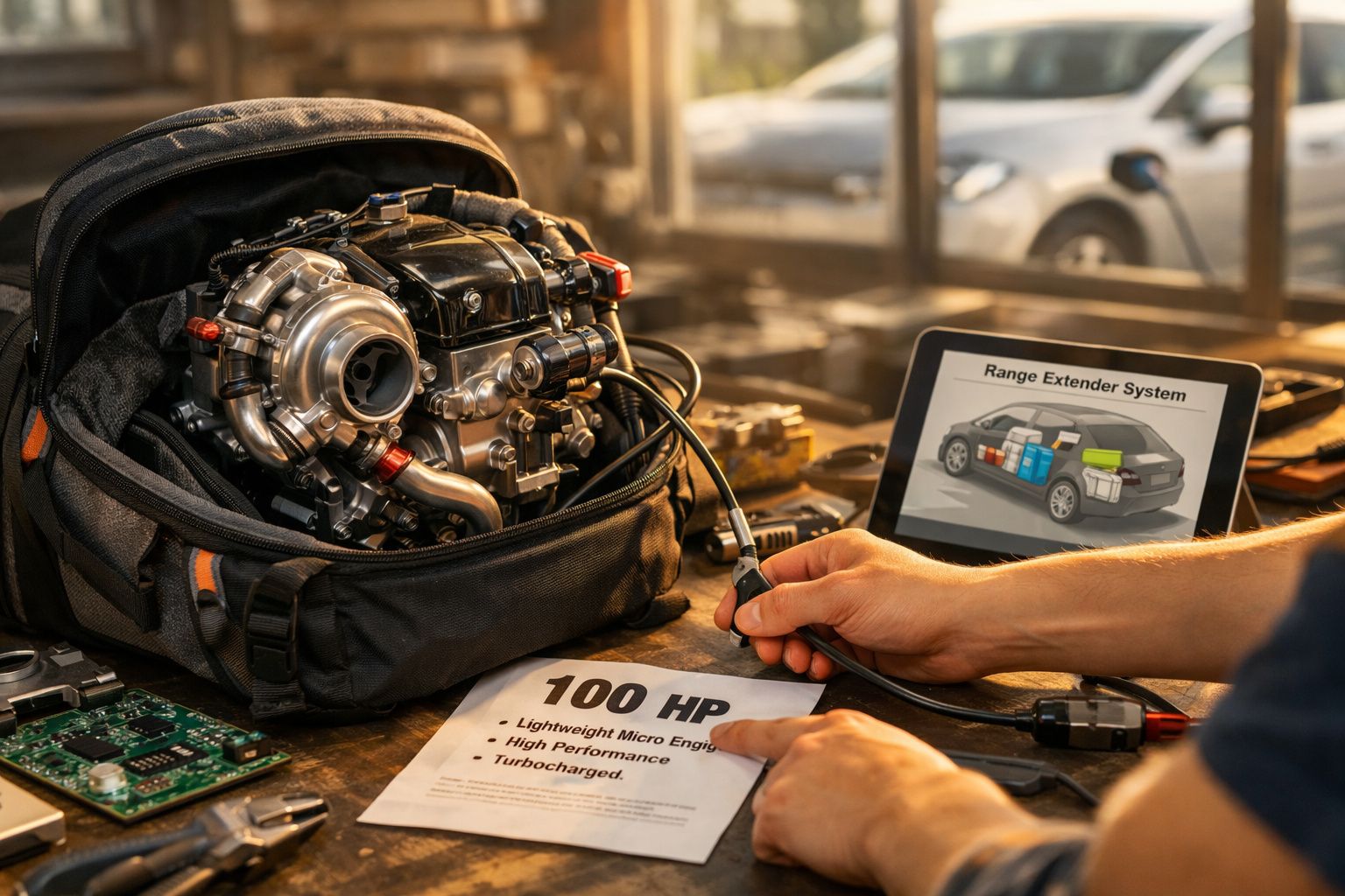 Motor turbo compacto de 100 HP dentro de mochila, com mãos a conectar cabo num ambiente de oficina tecnológica.