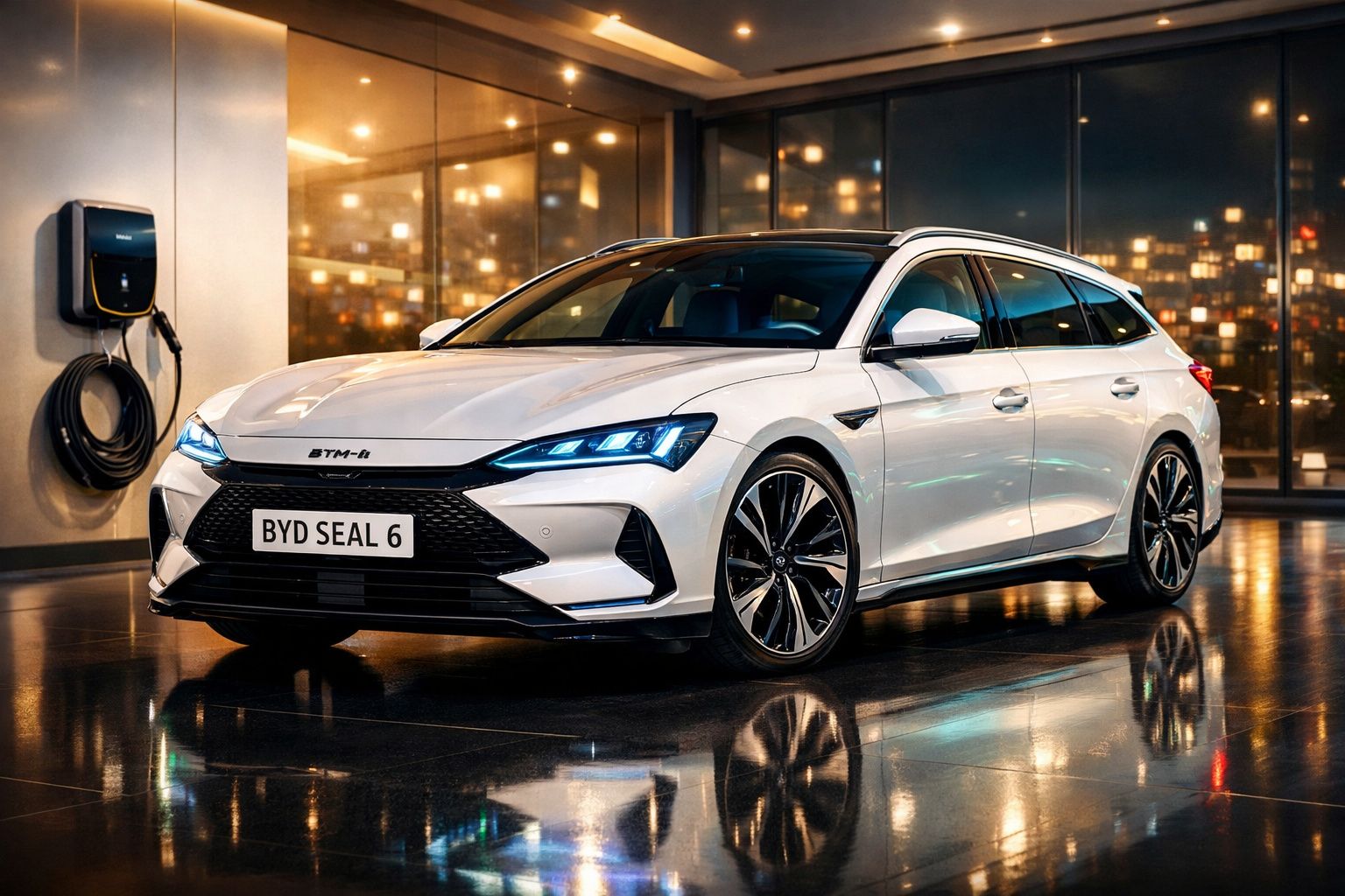 Carro elétrico branco BYD Seal 6 estacionado junto a uma estação de carregamento num ambiente urbano à noite.