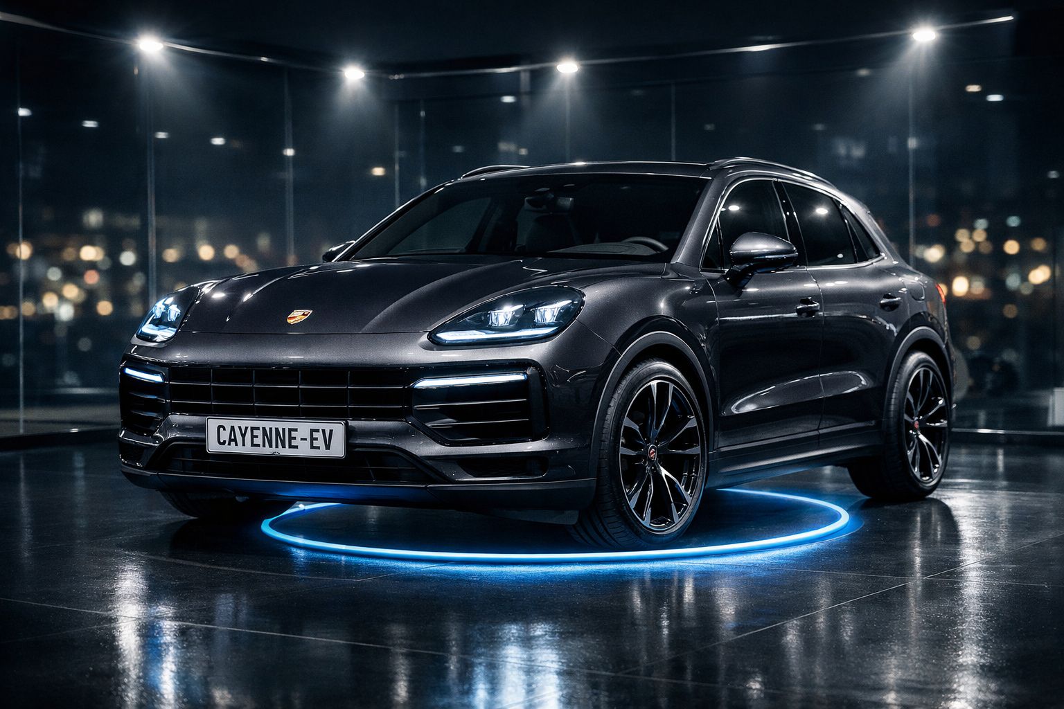 SUV Porsche Cayenne preto estacionado em ambiente urbano com luzes azuis no chão.