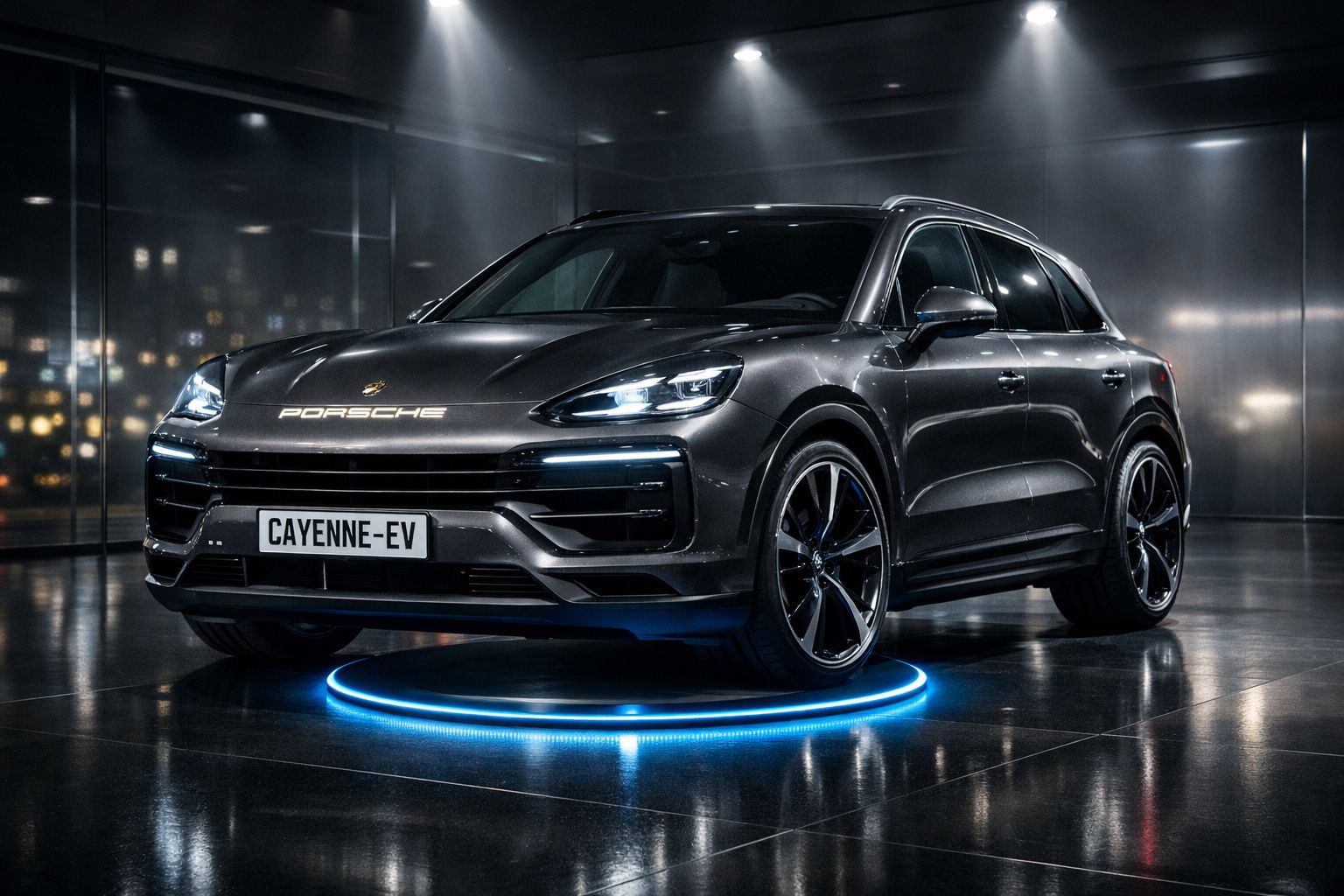 Automóvel SUV elétrico Porsche Cayenne-EV cinzento em ambiente urbano iluminado à noite.