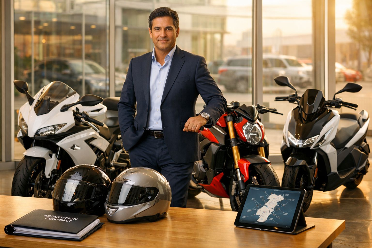 Homem de fato azul em loja de motos com capacetes, contrato e tablet com mapa de Portugal na mesa.