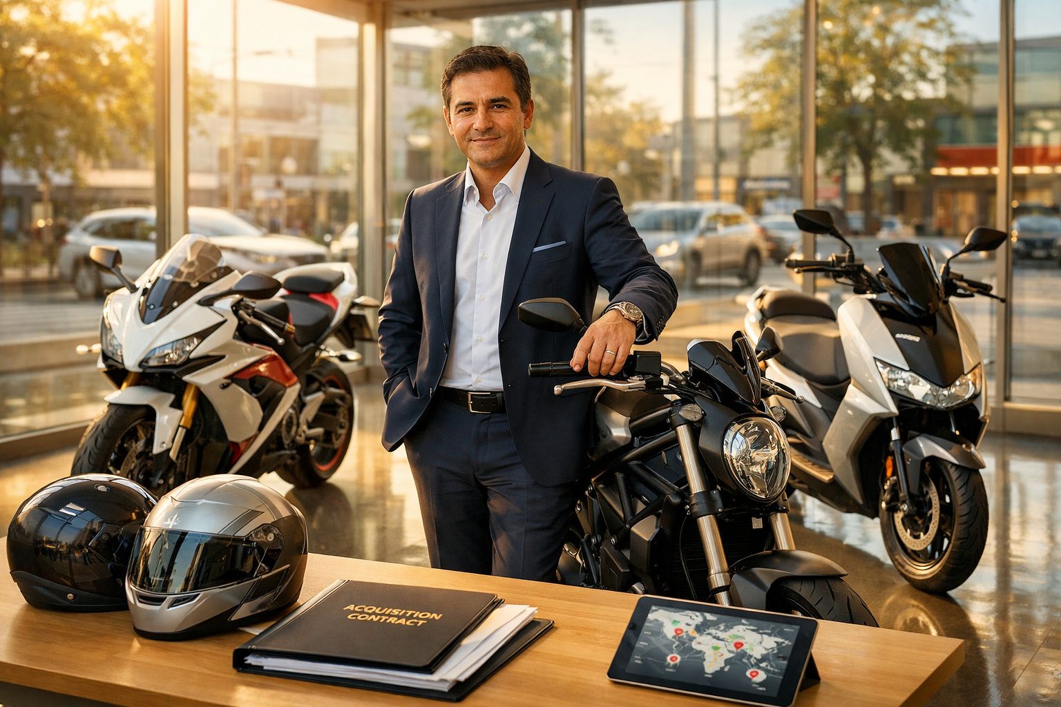 Homem de fato junto a motos e capacetes num salão de motos moderno e iluminado.