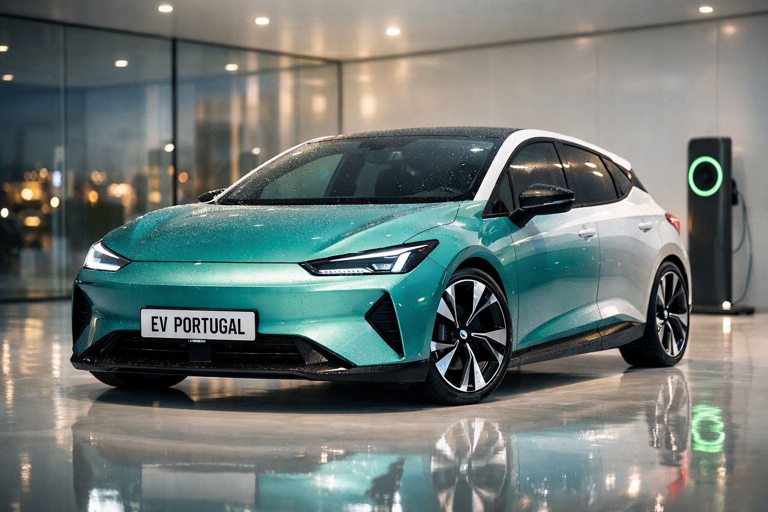 Carro elétrico verde metálico estacionado em garagem com carregador de bateria e placa EV Portugal.