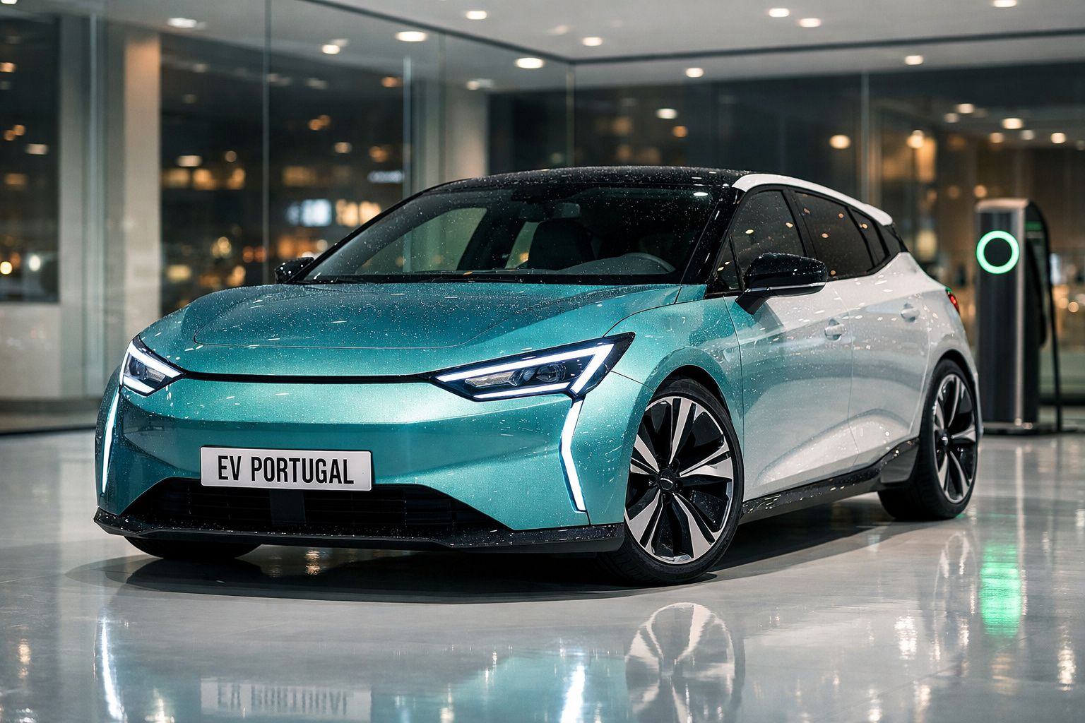 Carro elétrico moderno azul em showroom com faróis ligados e placa 'EV PORTUGAL'.
