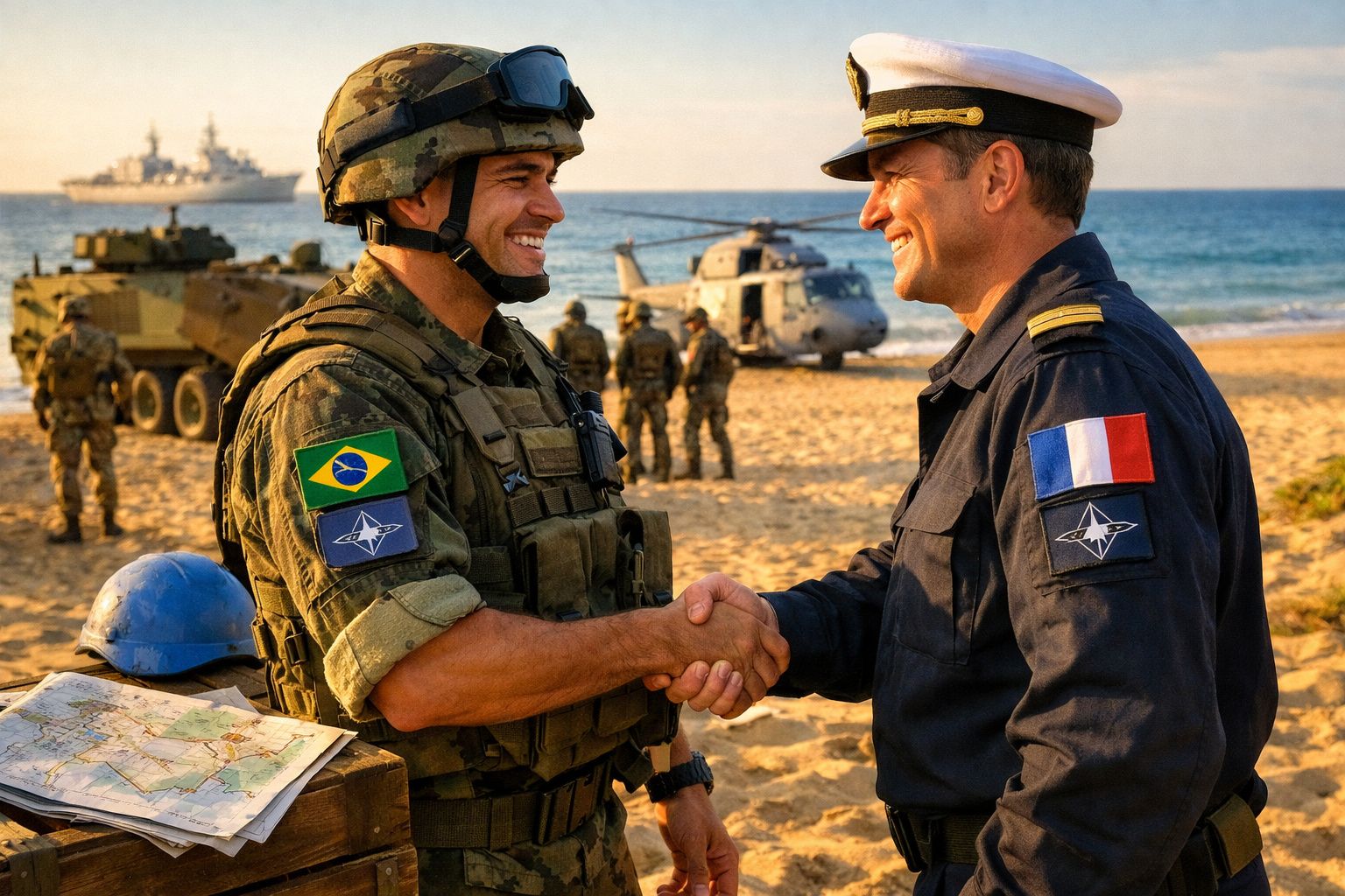 Soldado brasileiro e oficial francês apertam as mãos na praia com militares, tanques e navio ao fundo.