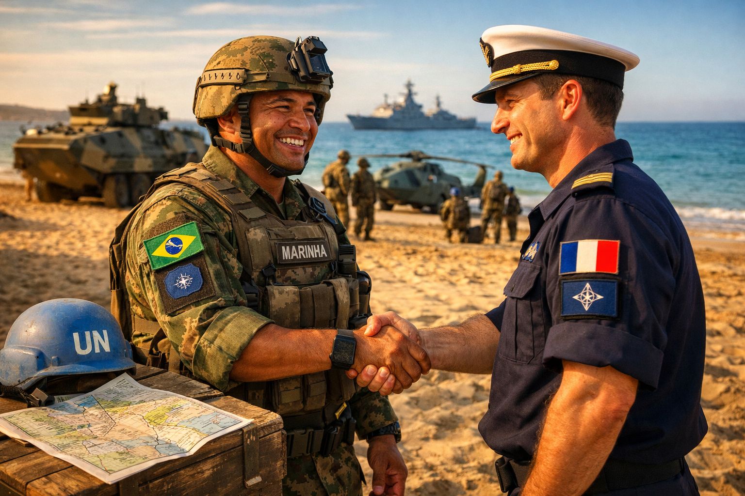 Dois militares, um brasileiro e outro francês, cumprimentam-se numa praia com veículos militares e navio ao fundo.