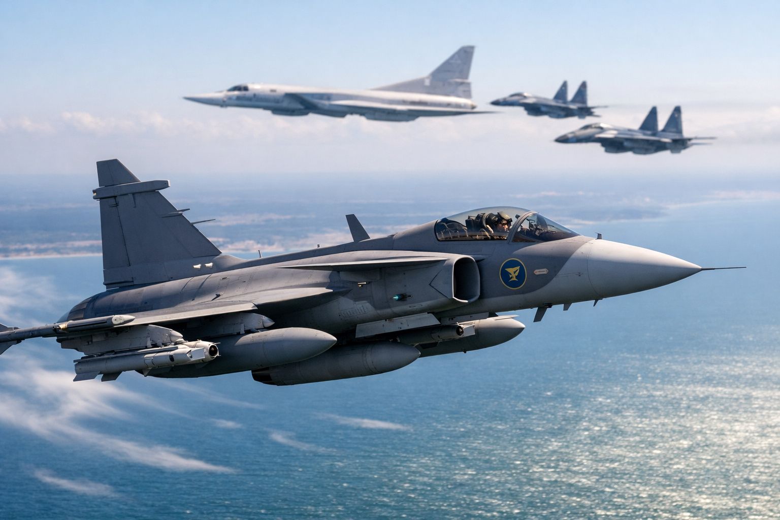 Caça militar voando sobre o mar com três aviões de combate a passar ao fundo.