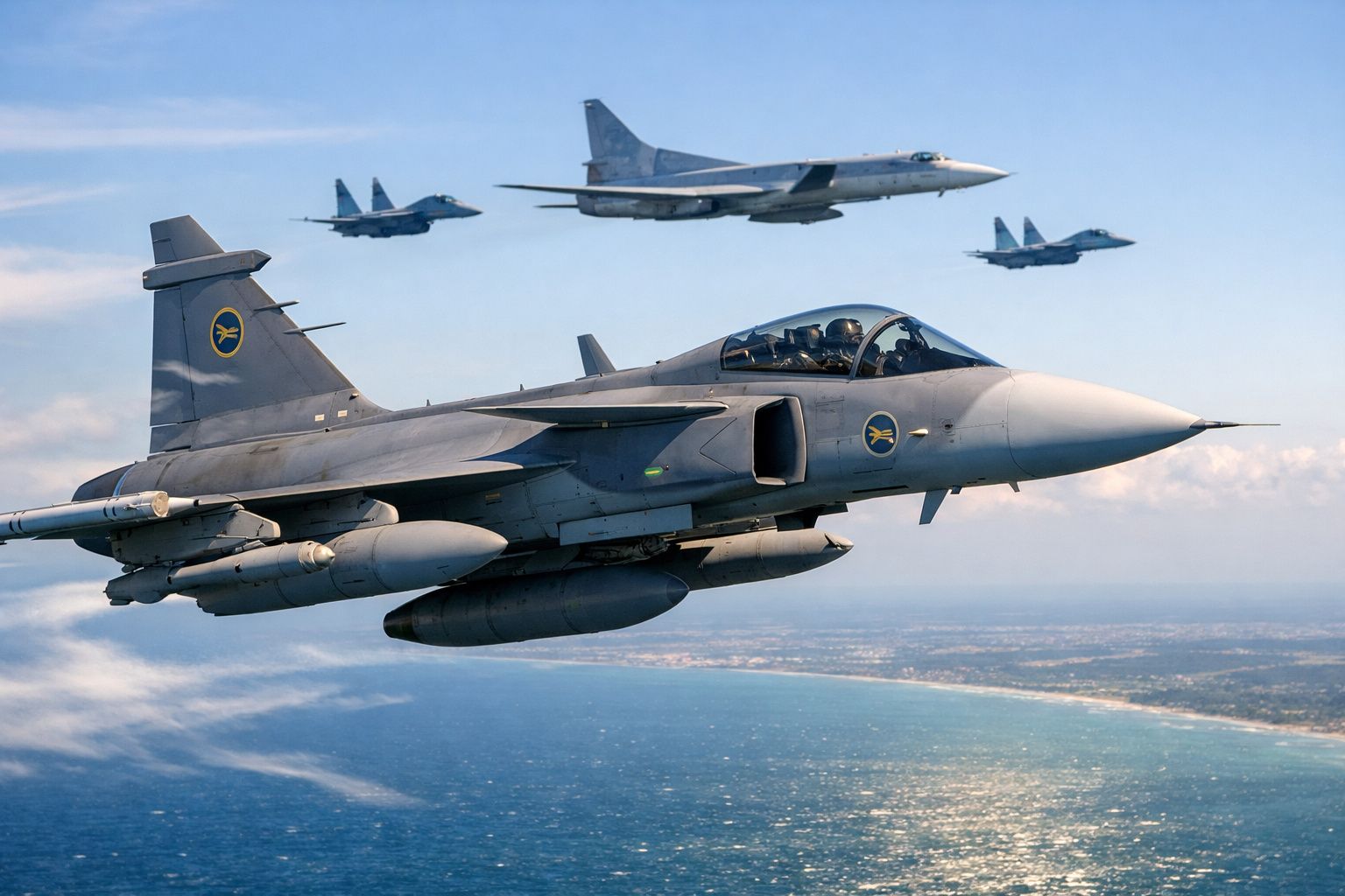 Quatro aviões militares em voo sobre o mar, com céu azul e nuvens esparsas ao fundo.