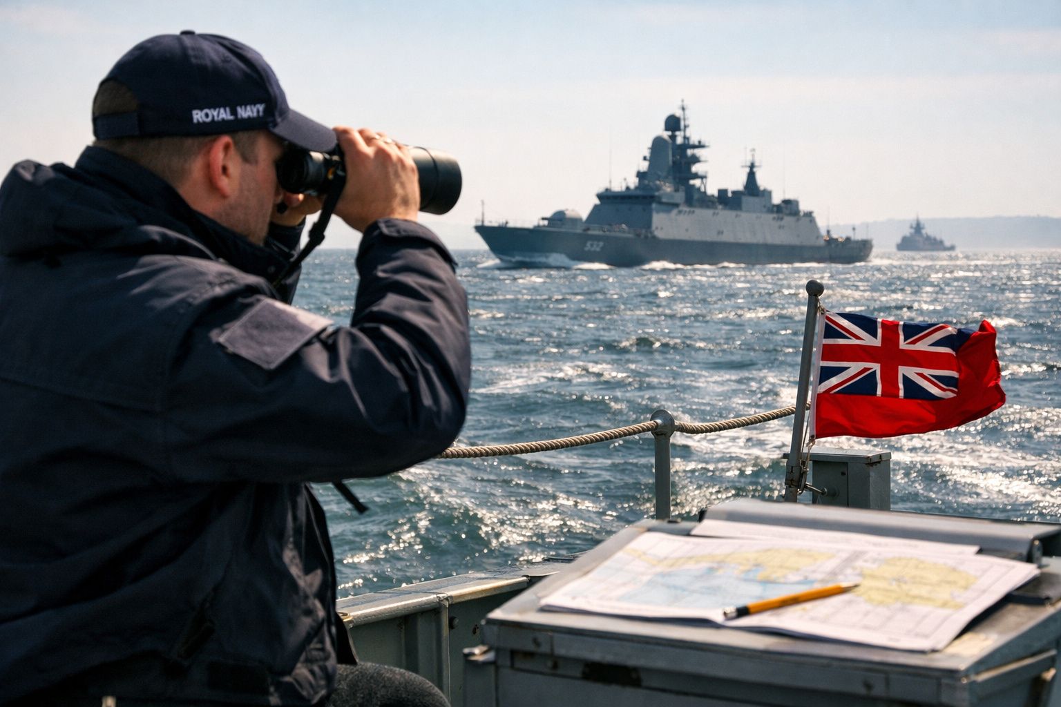 Marinheiro da Marinha Real observa navio de guerra ao longe com binóculos num mar agitado, com mapa e bandeira britânica.
