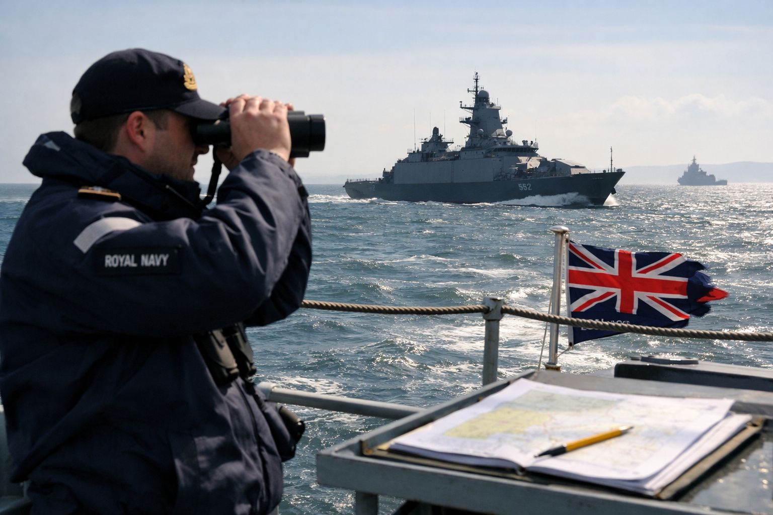 Marinheiro da Royal Navy observa com binóculos navios de guerra no mar, com bandeira do Reino Unido ao lado.