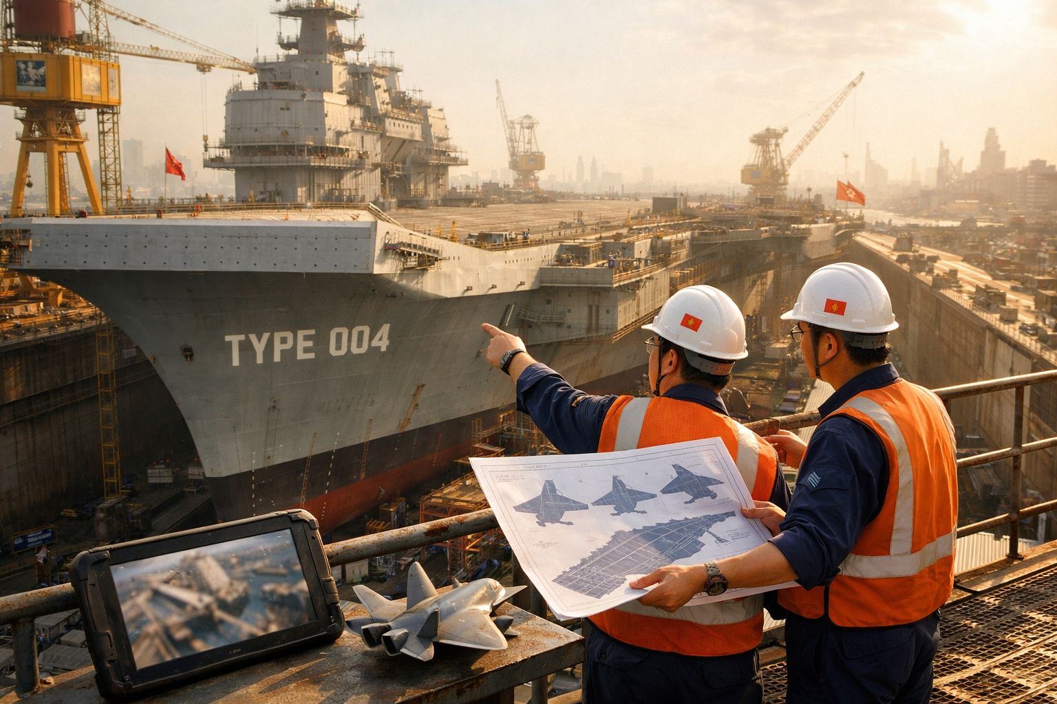Dois trabalhadores de construção com capacetes e coletes laranja inspecionam o porta-aviões TYPE 004 em estaleiro.