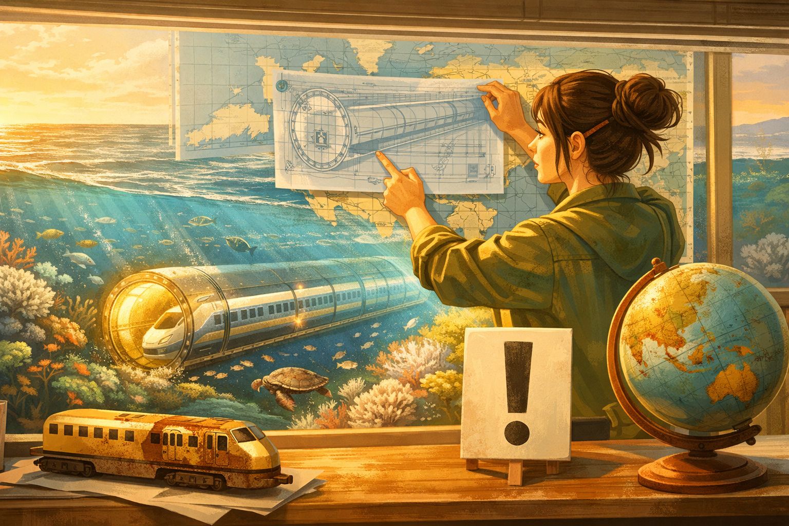 Mulher a analisar planos de um comboio subaquático no escritório com vista para o oceano.