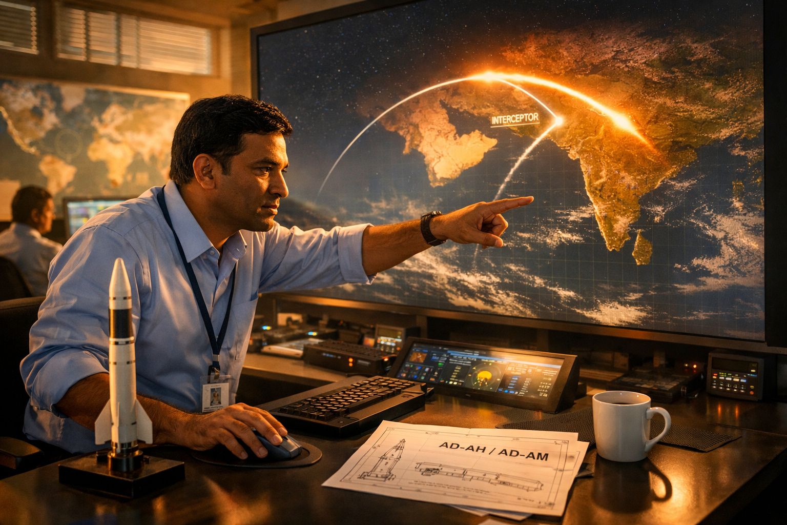 Homem aponta para ecrã com mapa e trajetória de míssil numa sala de controlo de operações espaciais.