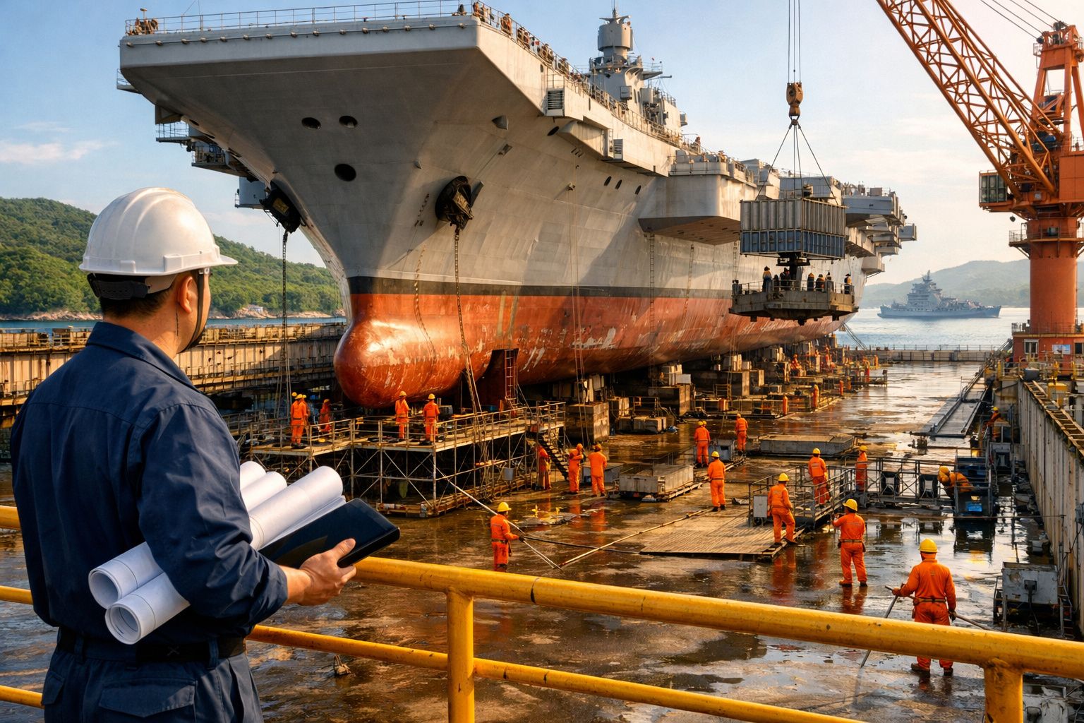 Engenheiro com capacete observa trabalhadores em estaleiro naval junto a um grande navio em reparação.