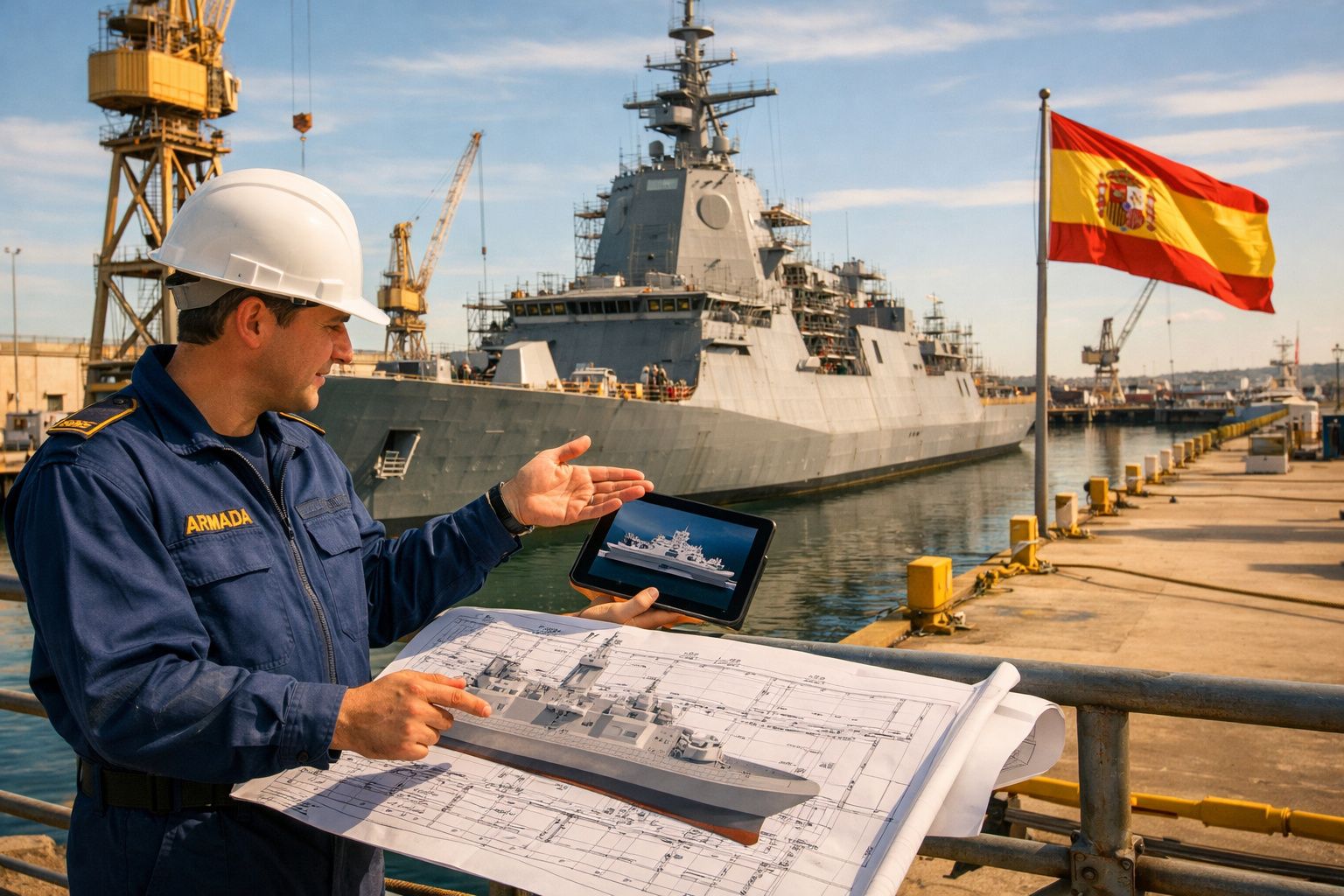 Homem fardado da marinha espanhola com capacete branco examina planta naval junto a fragata no porto com bandeira de Espanha.