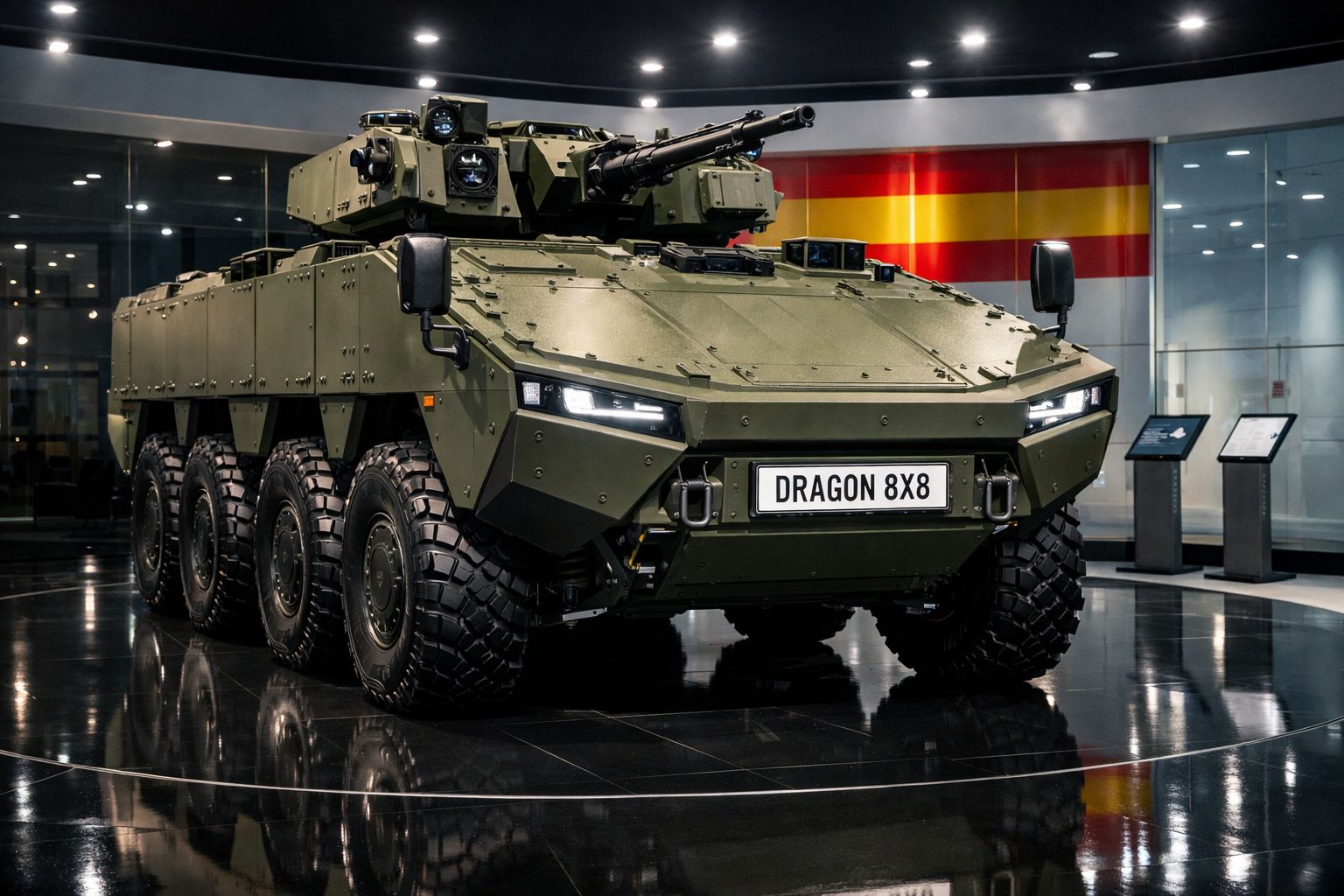Veículo blindado militar cinza com oito rodas, canhão na torre e placa DRAGON 8X8 em exposição interior.