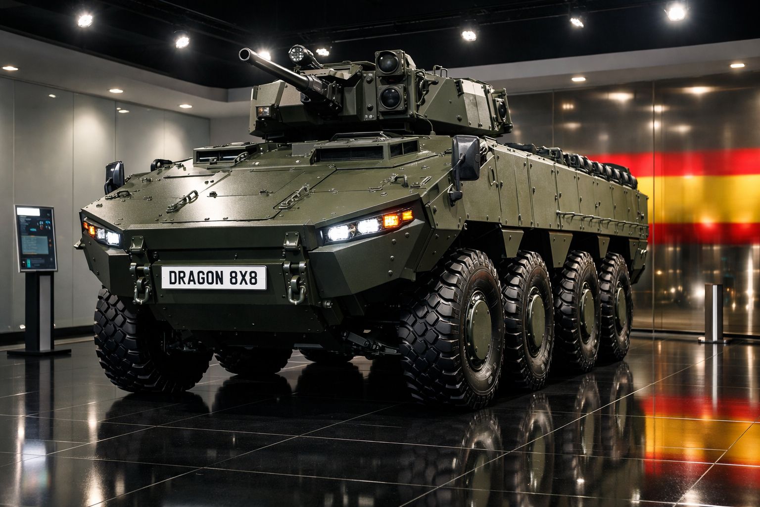 Veículo blindado de combate Dragon 8x8 verde exposto em interior com bandeira espanhola ao fundo.