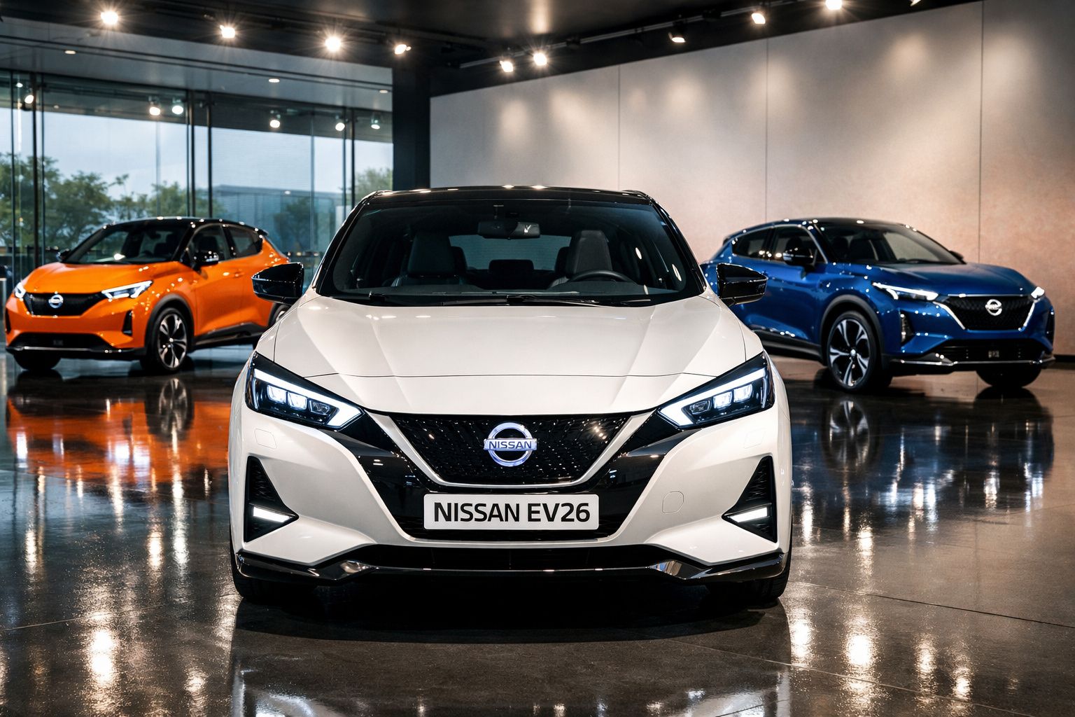 Três carros elétricos Nissan EV26 em exposição, com destaque para modelo branco ao centro, interior moderno e iluminação arti