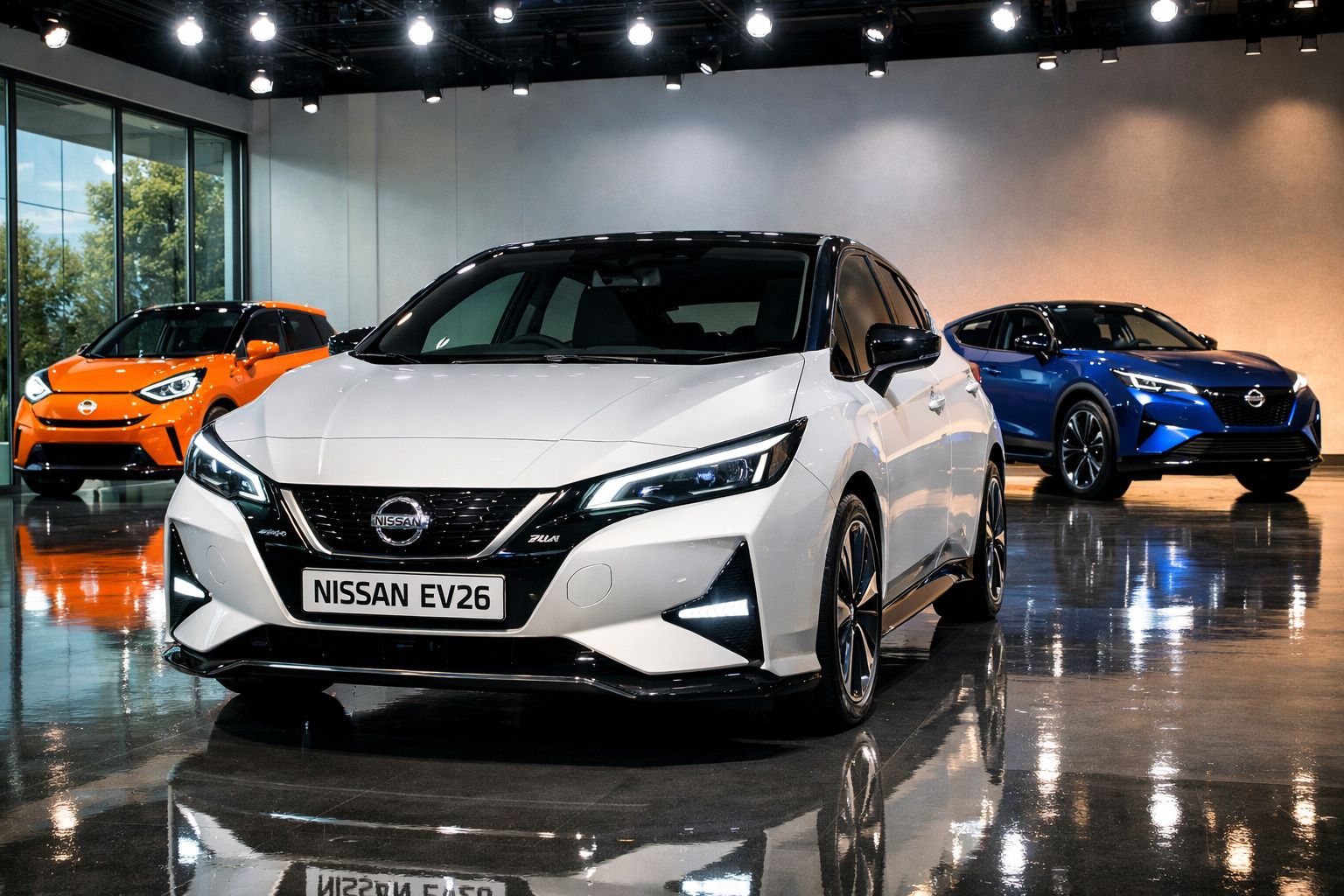 Três carros elétricos Nissan em destaque numa sala moderna, com chão refletor e paredes cinzentas.