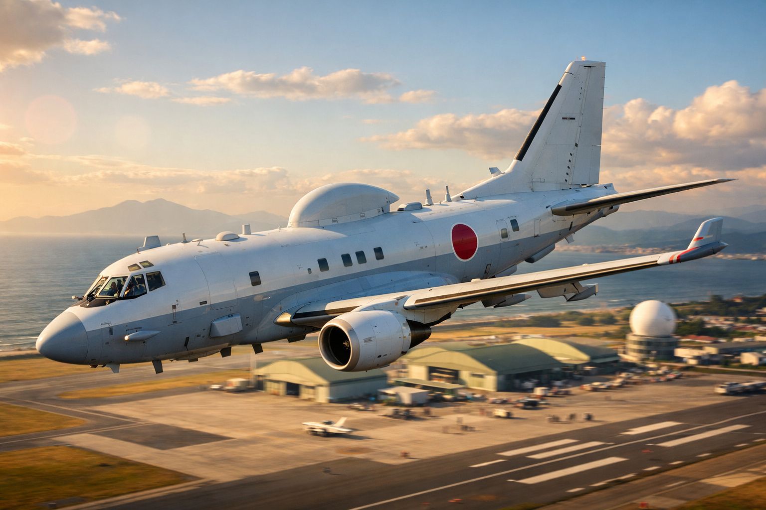 Avião militar japonês branco a voar baixo sobre pista de aeroporto perto de mar ao pôr do sol.