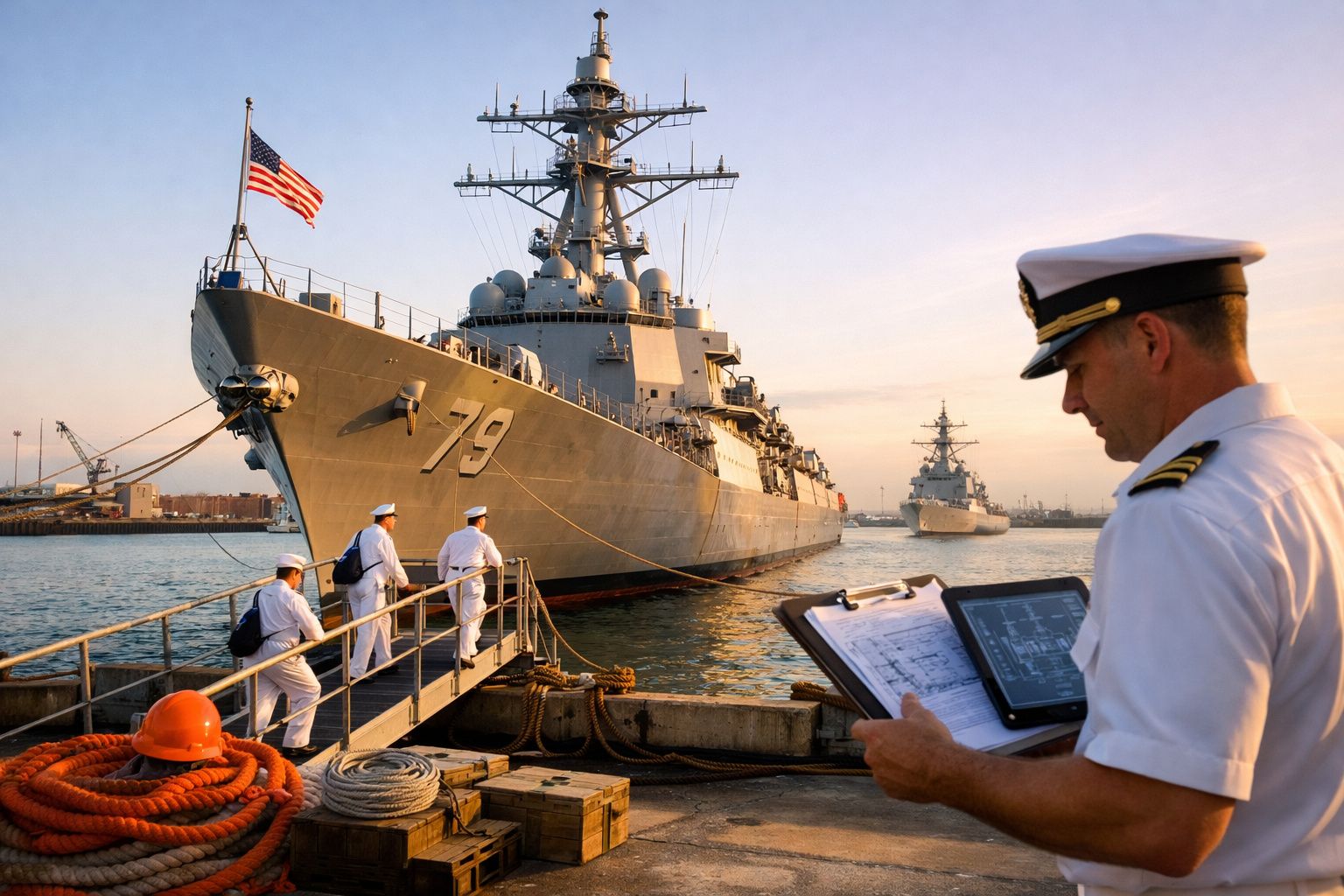 Marinheiros da marinha a bordo e no cais junto a um navio de guerra americano atracado ao pôr do sol.