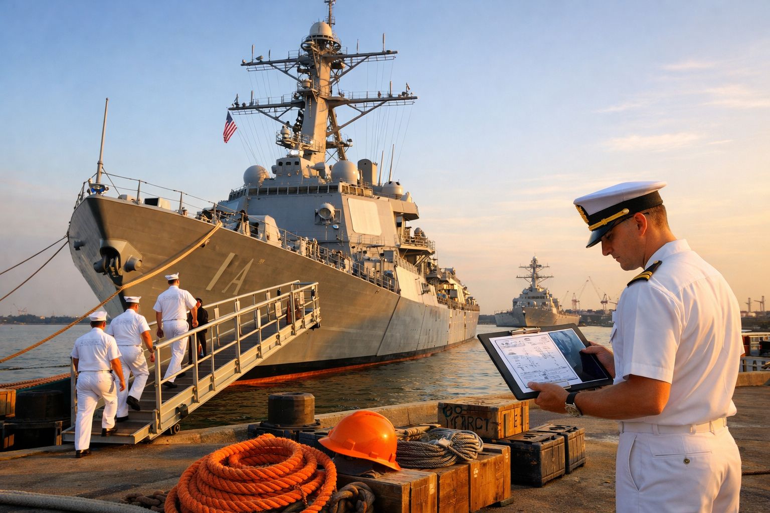 Marinheiros da marinha entram num navio de guerra atracado enquanto outro oficial consulta documentos no cais ao pôr do sol.