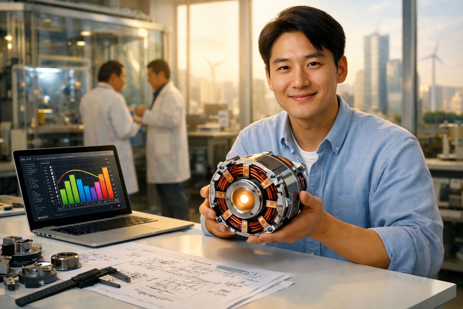 Homem asiático segurando protótipo de motor elétrico num laboratório com gráficos no computador.
