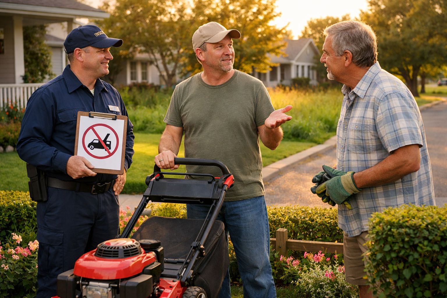 Homem com máquina de cortar relva conversa com vizinho e agente de autoridade com aviso de proibição de cortador de relva.