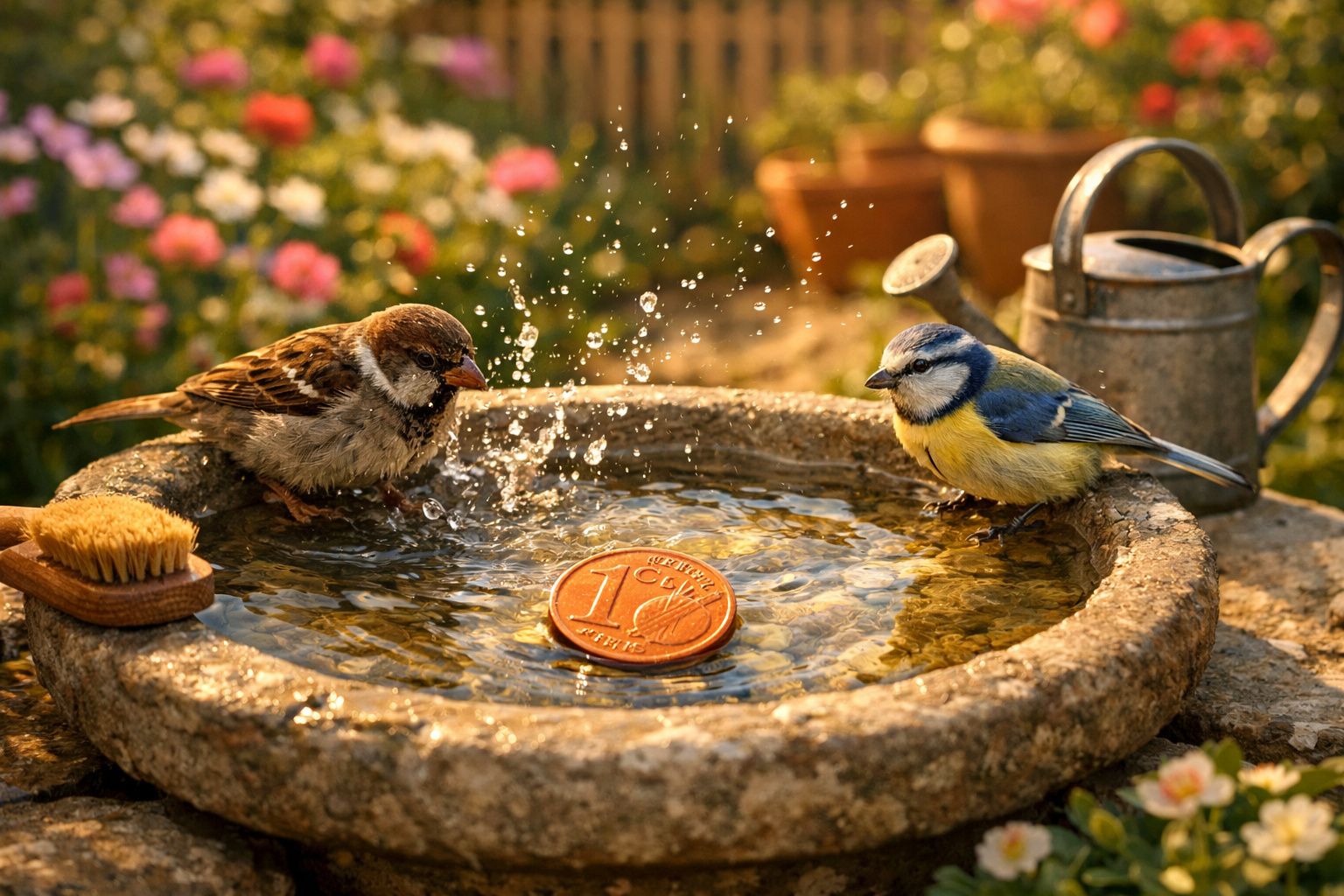 Dois pássaros junto a um bebedouro de pedra com uma moeda grande e regador num jardim florido.