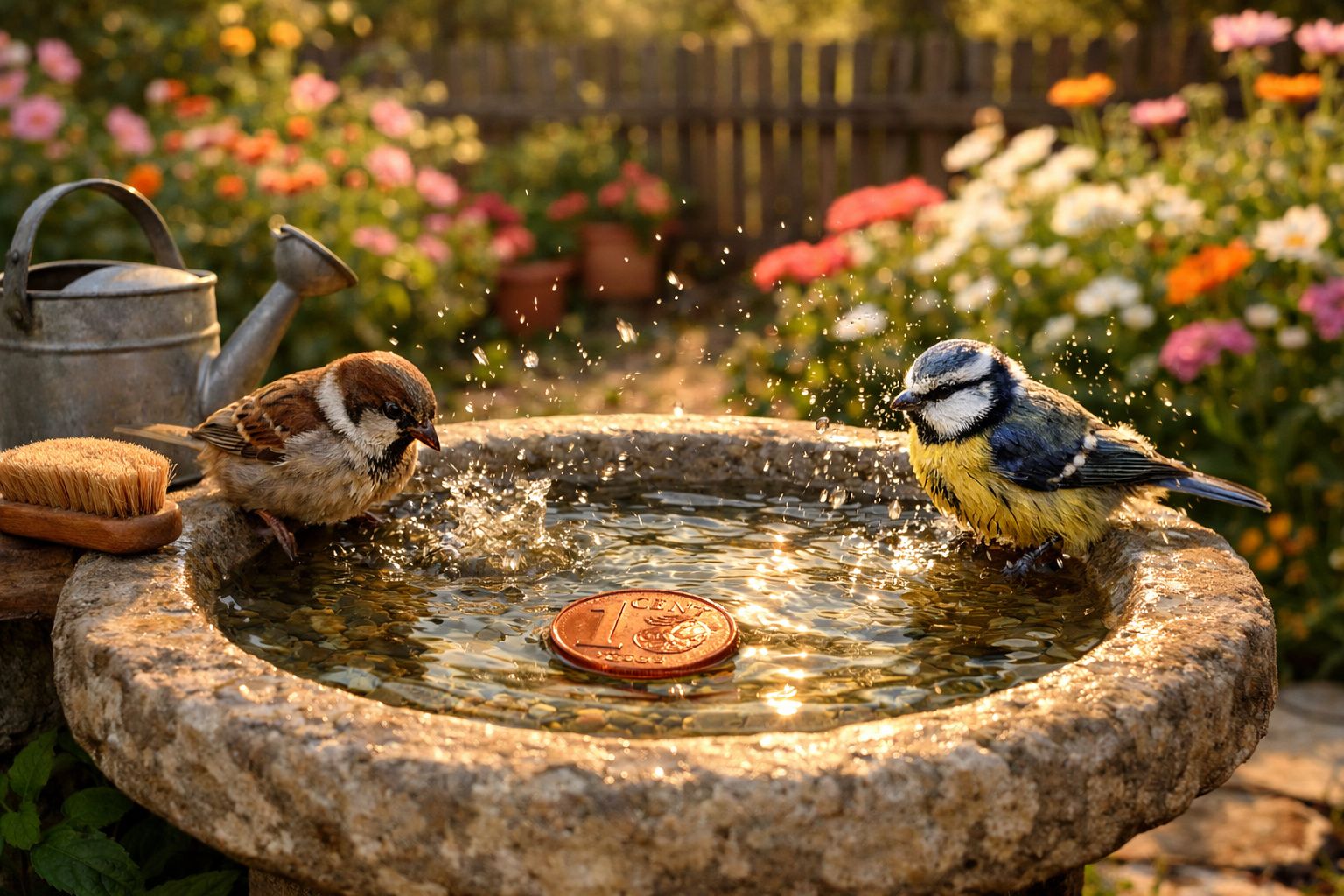 Dois pássaros a beber e a brincar numa fonte de jardim com um cêntimo no centro, flores ao fundo e regador ao lado.