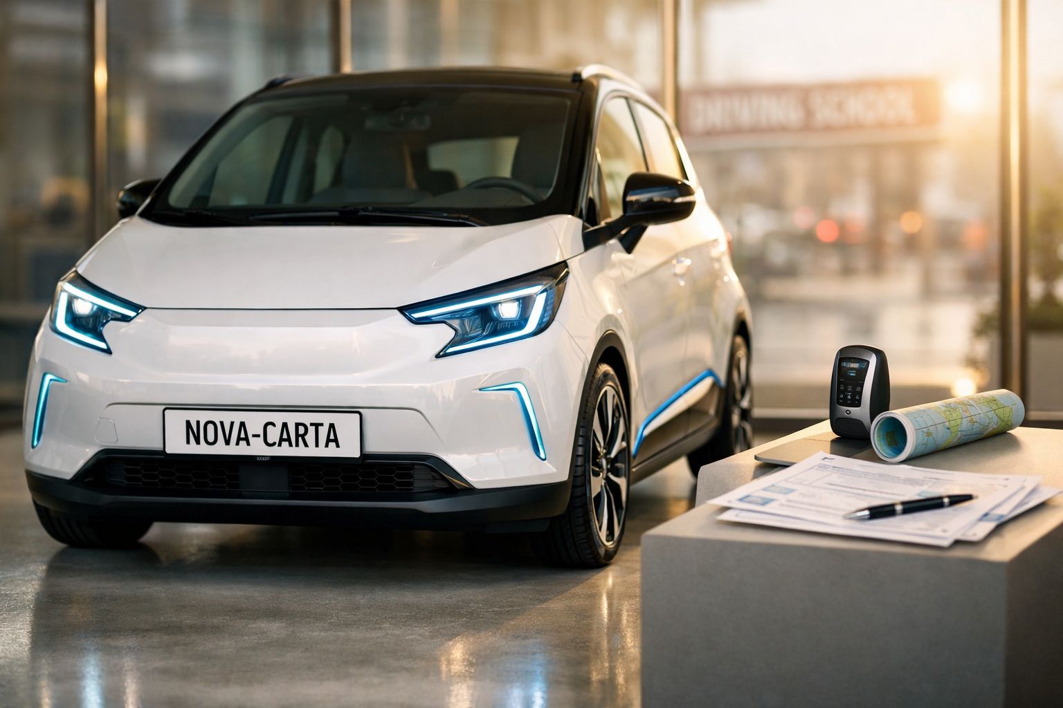 Carro elétrico branco com matrícula "NOVA-CARTA" numa escola de condução, ao lado de secretária com mapas e documentos.