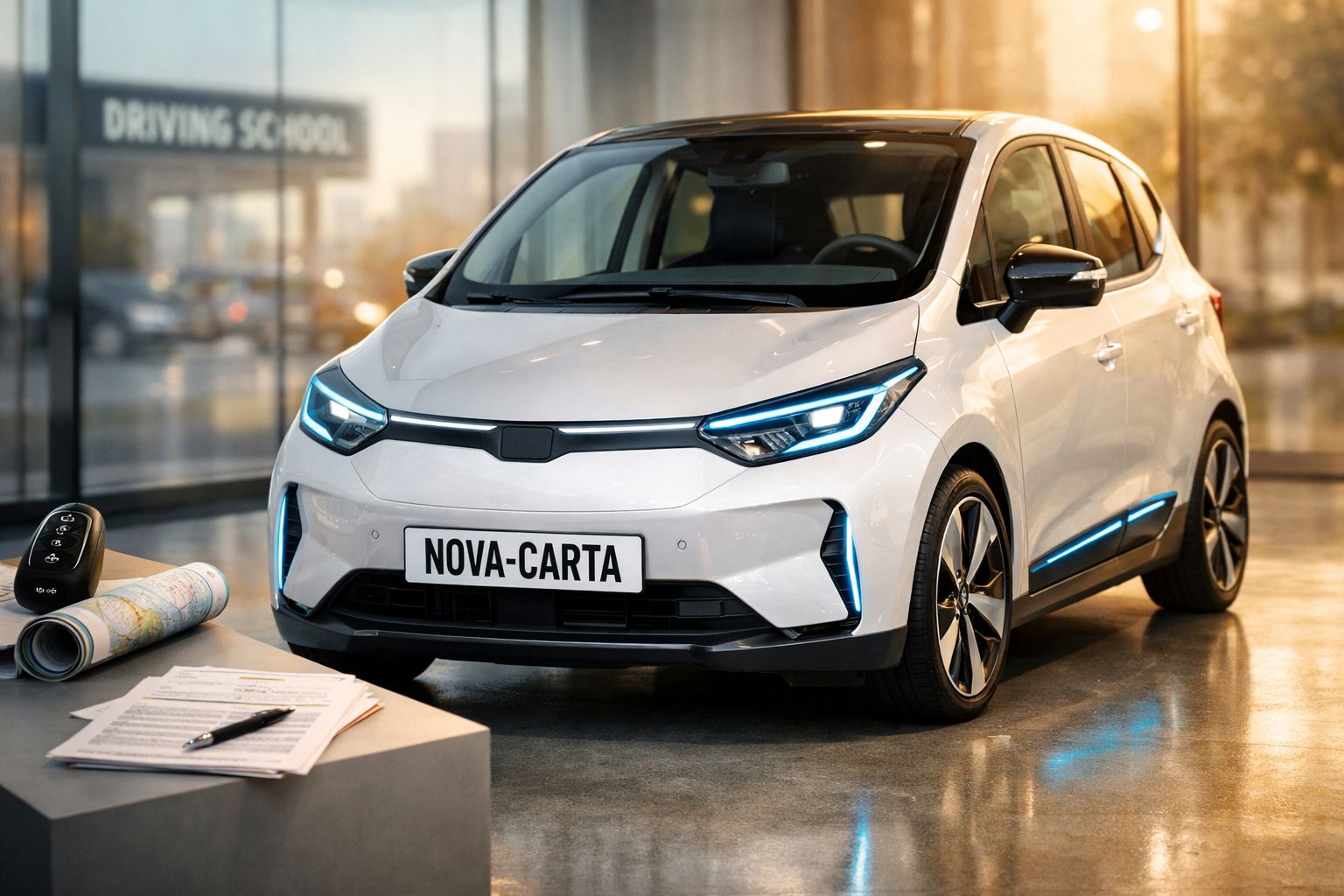 Carro branco moderno num salão de condução com matrícula "NOVA-CARTA" e documentos sobre mesa à frente.