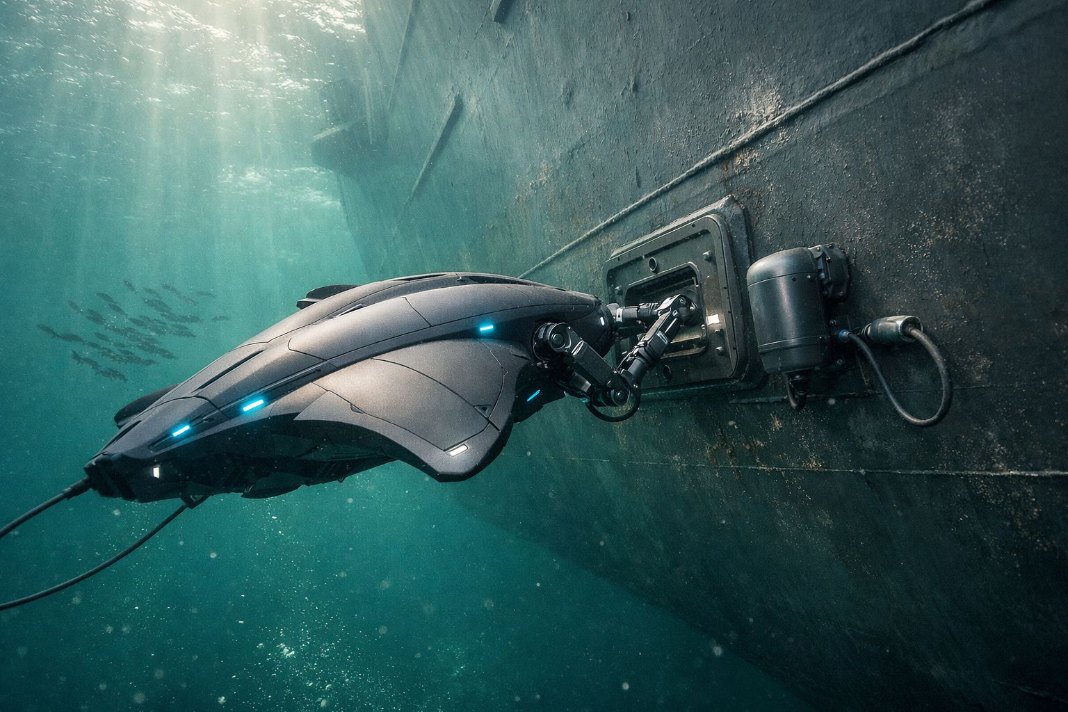 Veículo subaquático robótico com luzes azuis acoplado a um equipamento numa estrutura submersa.