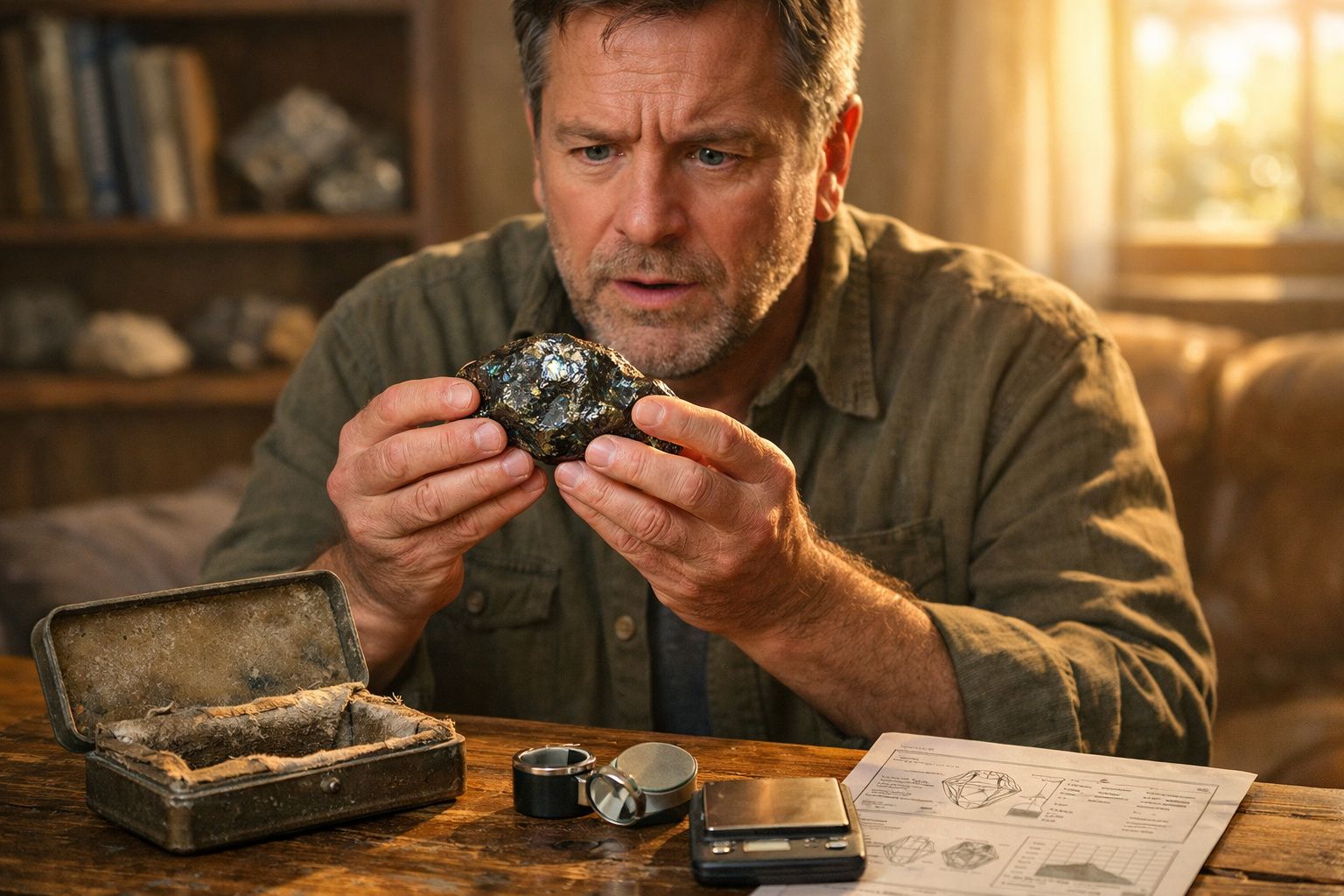 Homem com expressão concentrada examina mineral brilhante numa sala com luz natural e objetos de estudo à frente.