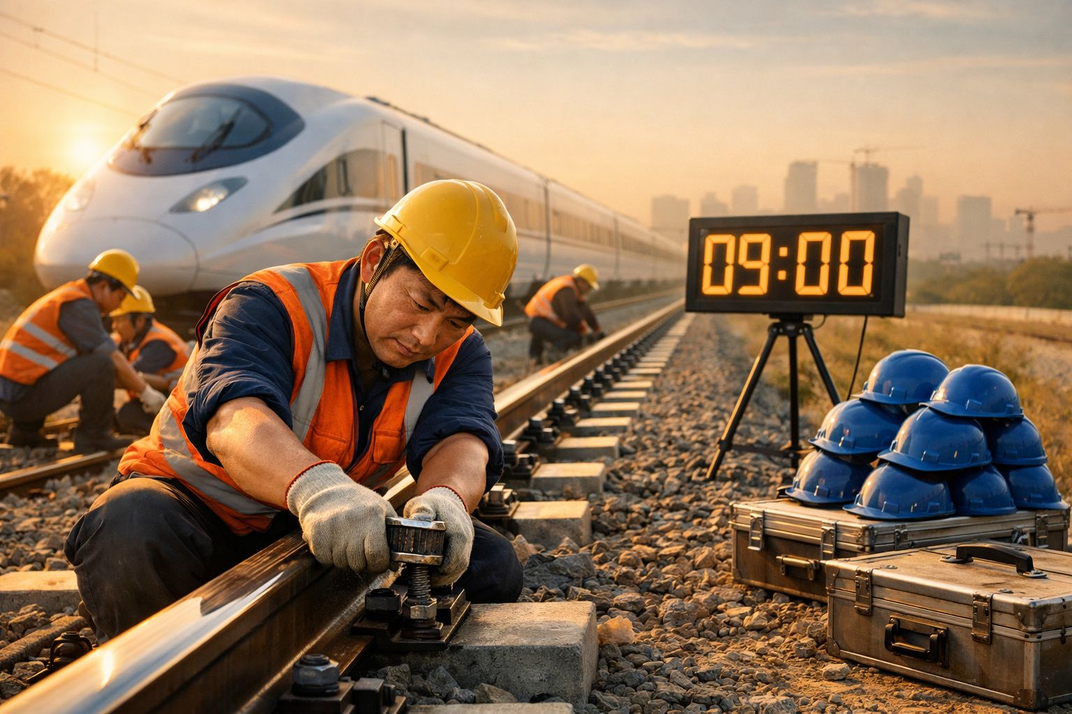 Trabalhadores em coletes e capacetes a ajustar carris de comboio com comboio de alta velocidade ao fundo às 09:00.