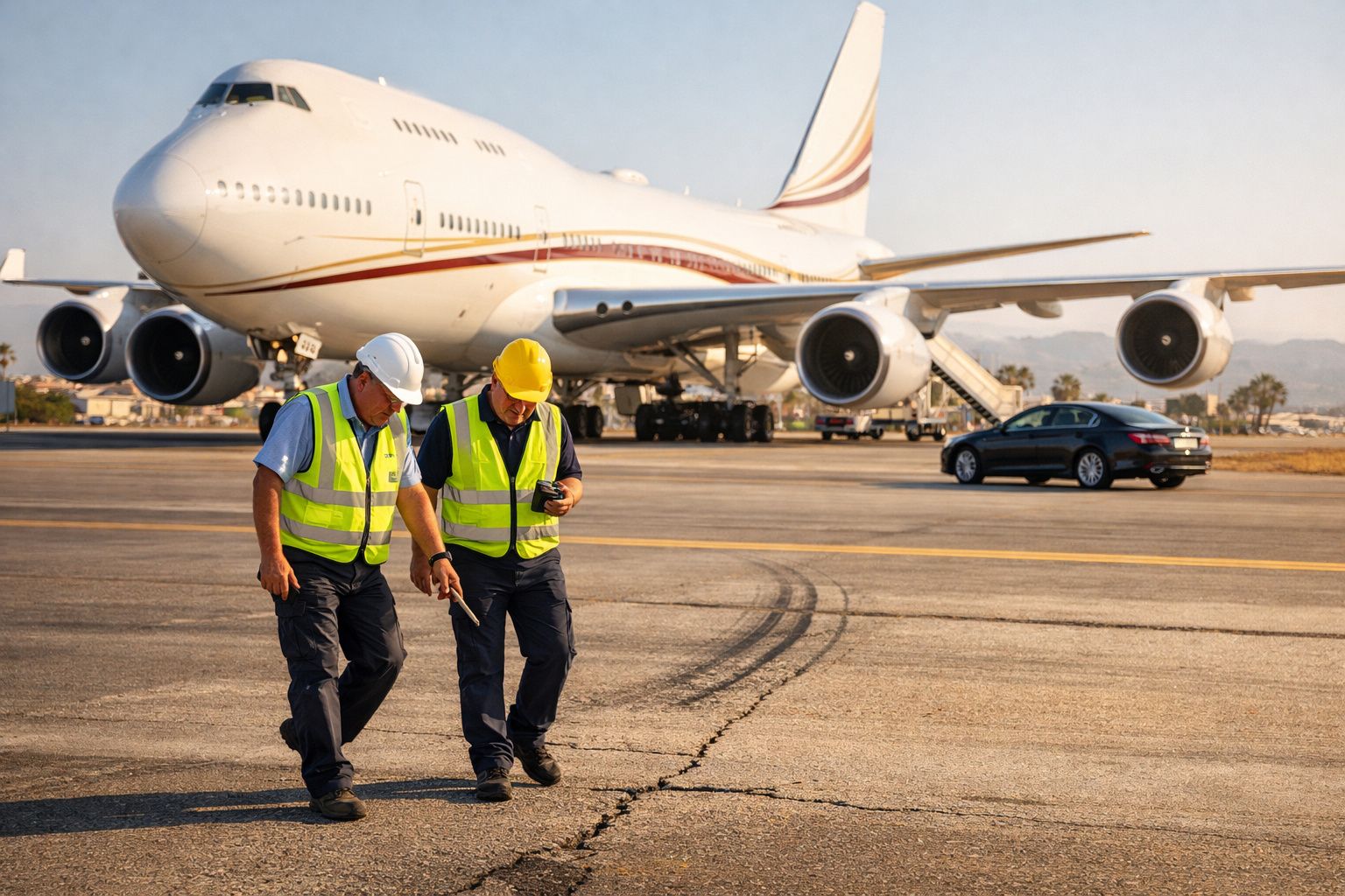 Dois trabalhadores com coletes e capacetes caminham na pista ao lado de um avião estacionado.