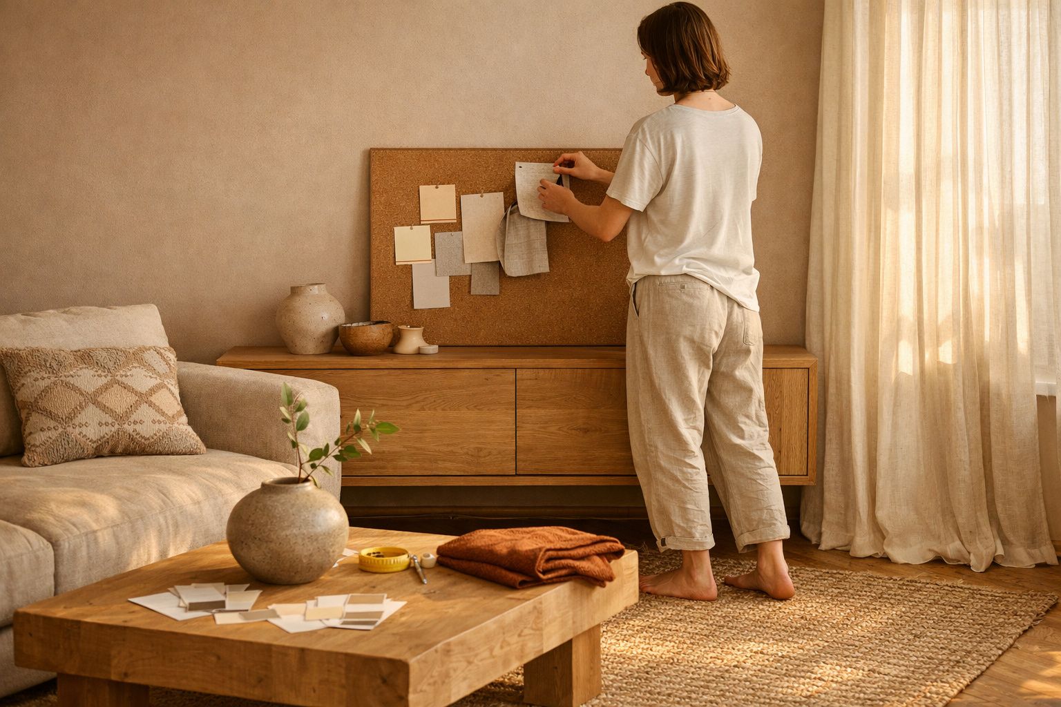 Pessoa a organizar amostras de tecidos num painel numa sala com decoração natural e tons neutros.