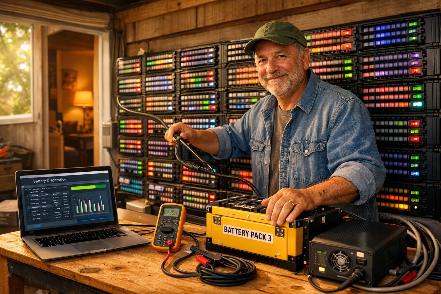 Homem sorridente a testar bateria com equipamento eletrónico num ambiente de trabalho tecnológico.