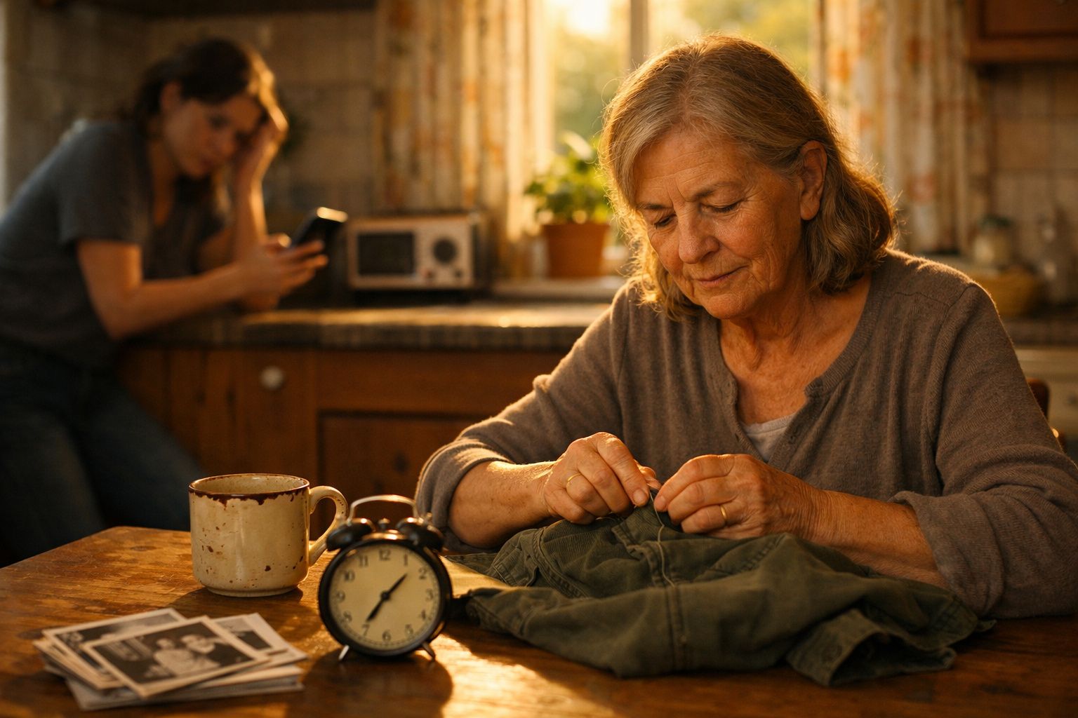 Mulher idosa costurando roupa à mesa com chávena, despertador e fotografias, outra mulher ao fundo com telemóvel.