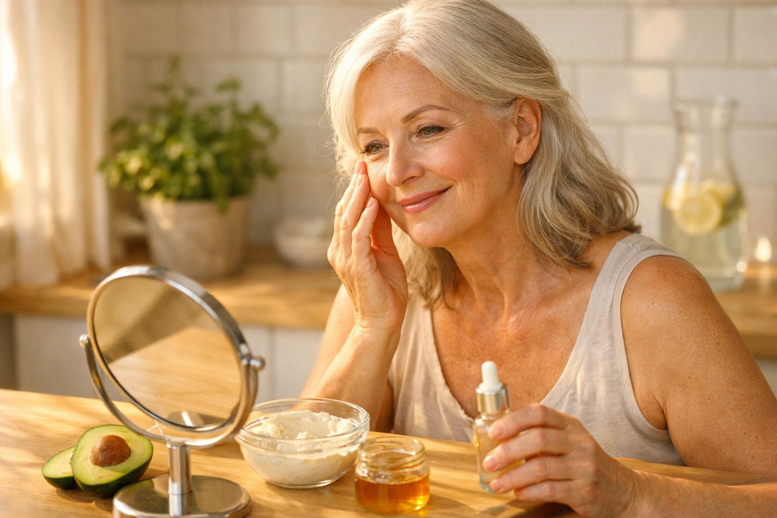 Mulher madura aplicada creme facial diante de espelho numa cozinha iluminada, com abacate e frascos à frente.