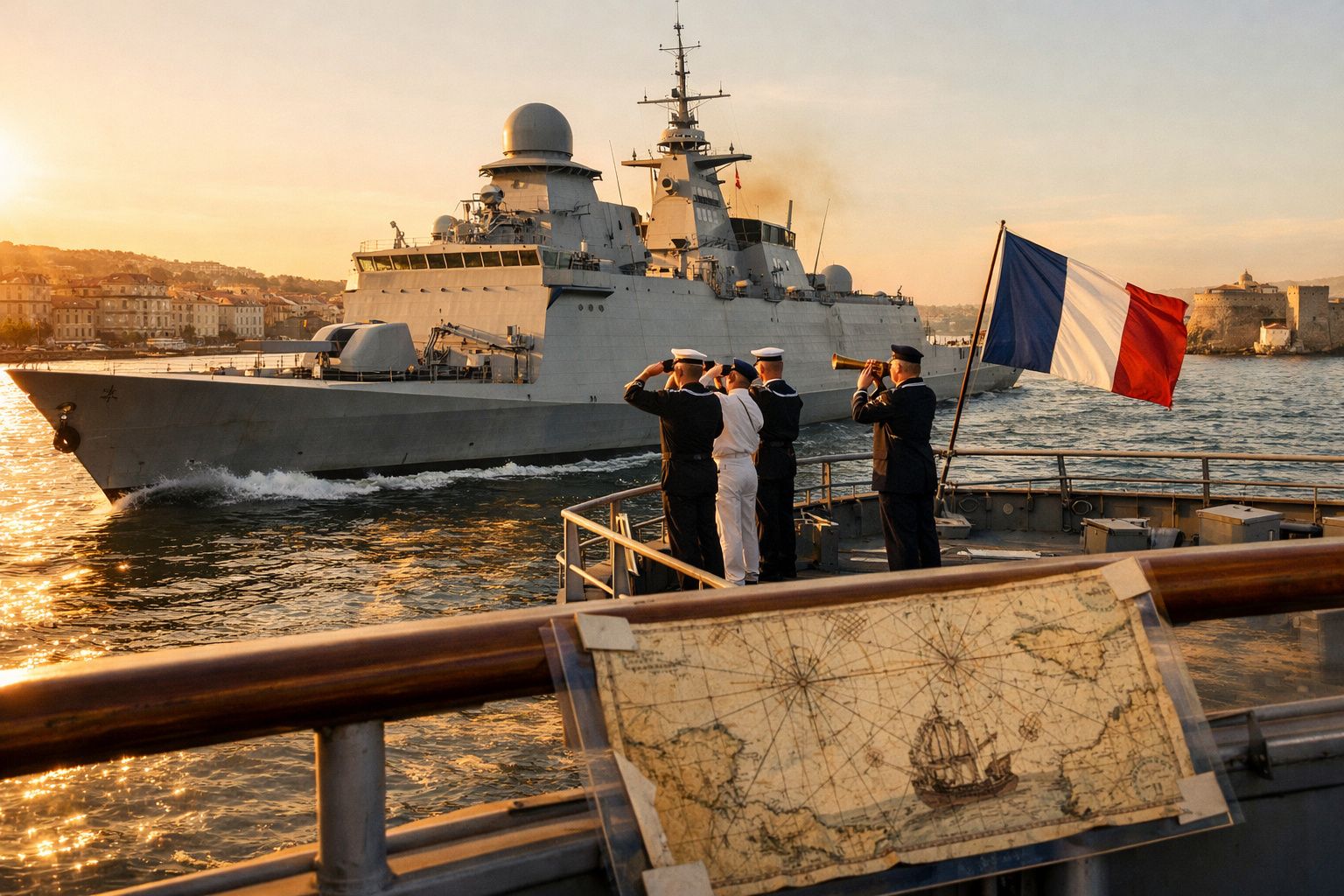 Navio militar francês no mar ao pôr do sol com tripulantes em posição de continência.