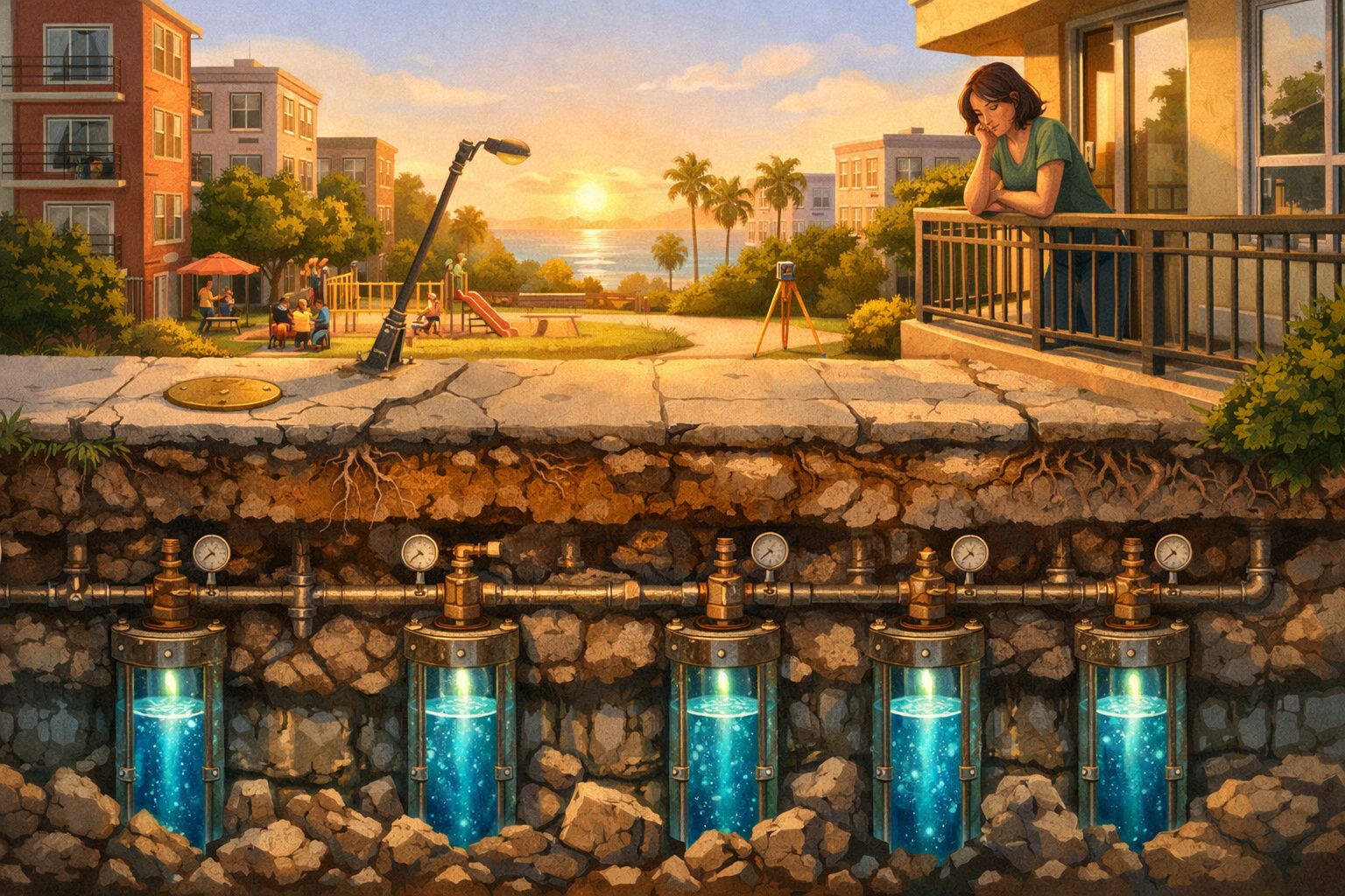 Mulher observa técnica subterrânea de captação de água azul cristalina sob parque urbano ao pôr do sol.