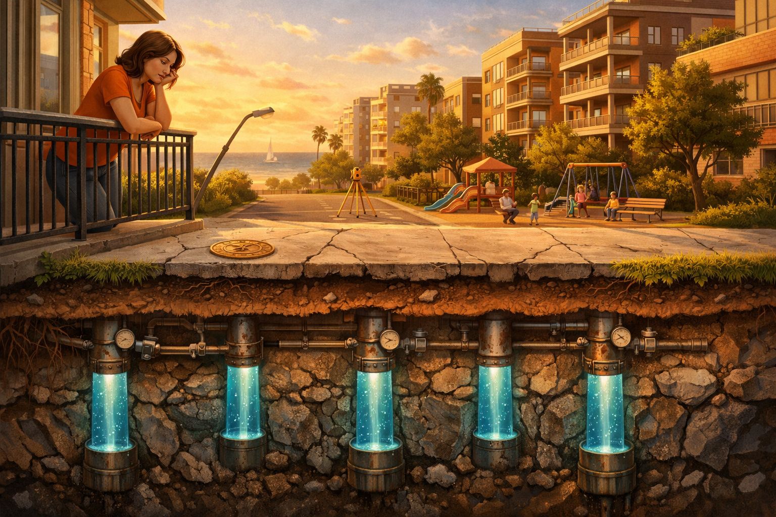 Mulher observa tubos subterrâneos com água luminosa em bairro urbano perto de parque e mar ao pôr do sol.