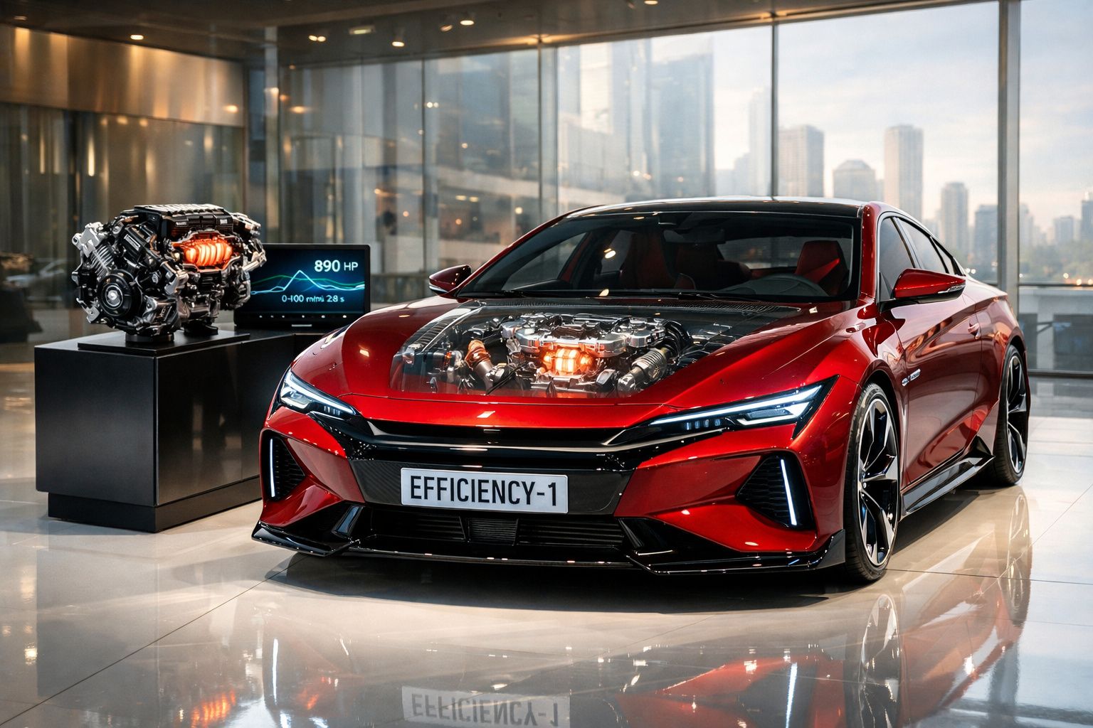 Automóvel desportivo vermelho com motor elétrico visível e maquete de motor ao lado em showroom moderno.