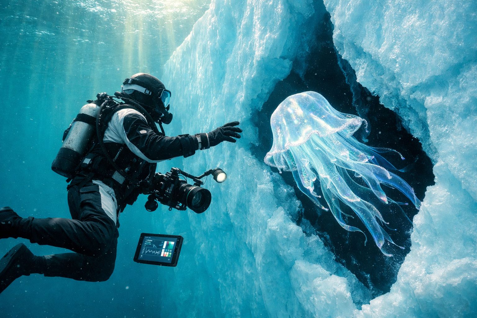 Mergulhador com câmara subaquática aproxima-se de uma água-viva luminosa junto a gelo submerso.