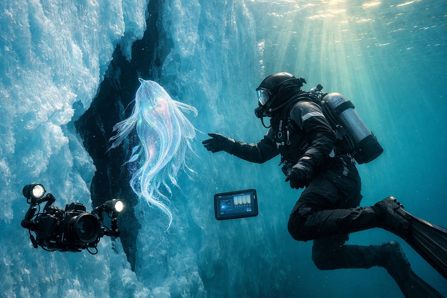 Mergulhador equipado com câmara e tablet interage com criatura luminosa num ambiente subaquático gelado.