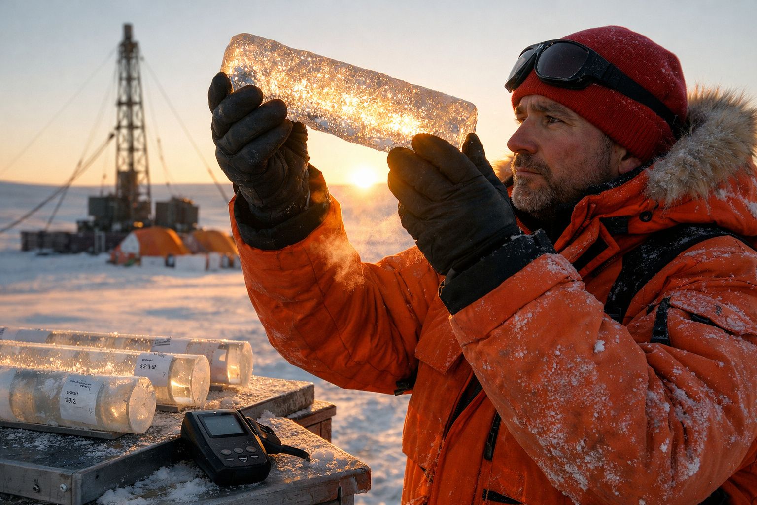 Homem com casaco laranja examina amostra de gelo ao pôr do sol em paisagem nevada com equipamentos de pesquisa.