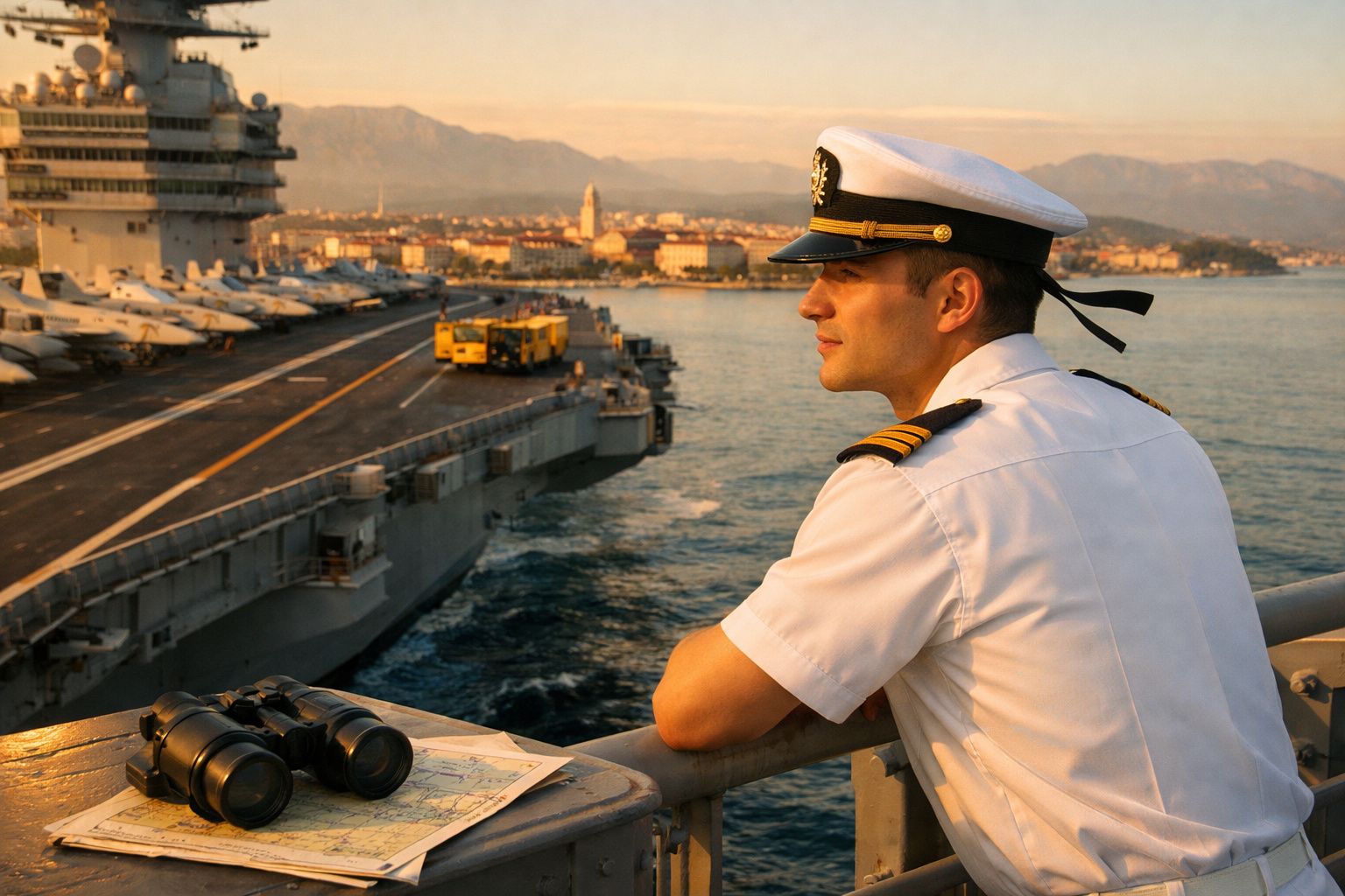 Oficial naval de uniforme branco observa o mar ao pôr do sol num porta-aviões com binóculos e mapas.