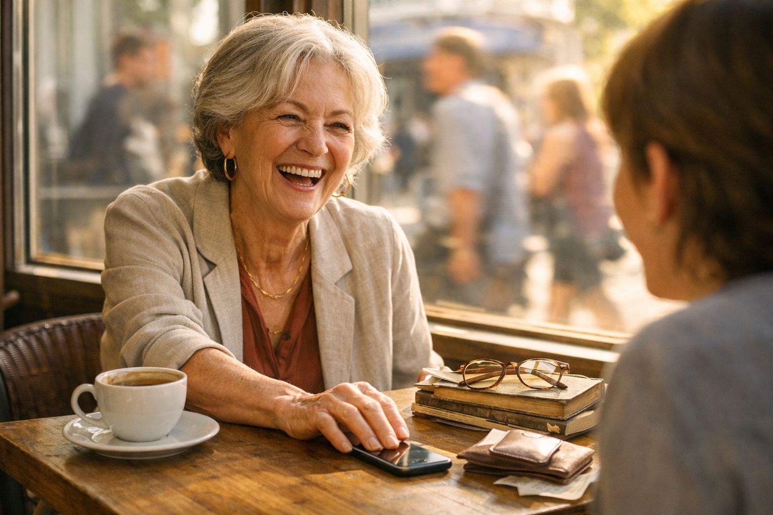 Duas mulheres conversam animadamente numa cafetaria, uma delas ri com alegria enquanto pousa a mão num telemóvel.